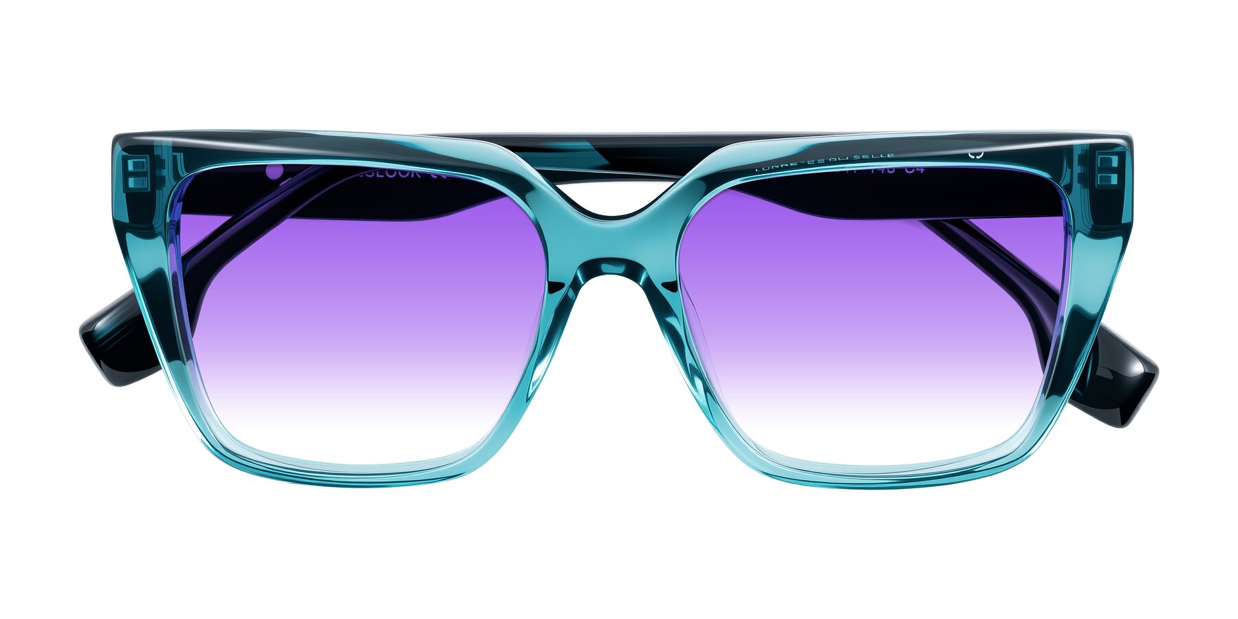 Folded Front of Gwee in Blue/Teal Striped with Purple Gradient Lenses