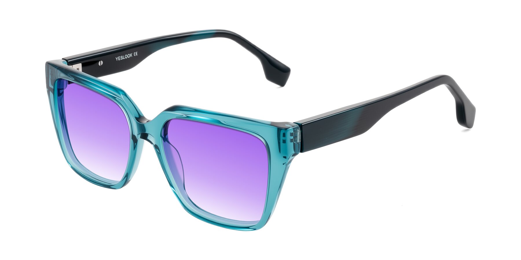 Angle of Gwee in Blue/Teal Striped with Purple Gradient Lenses