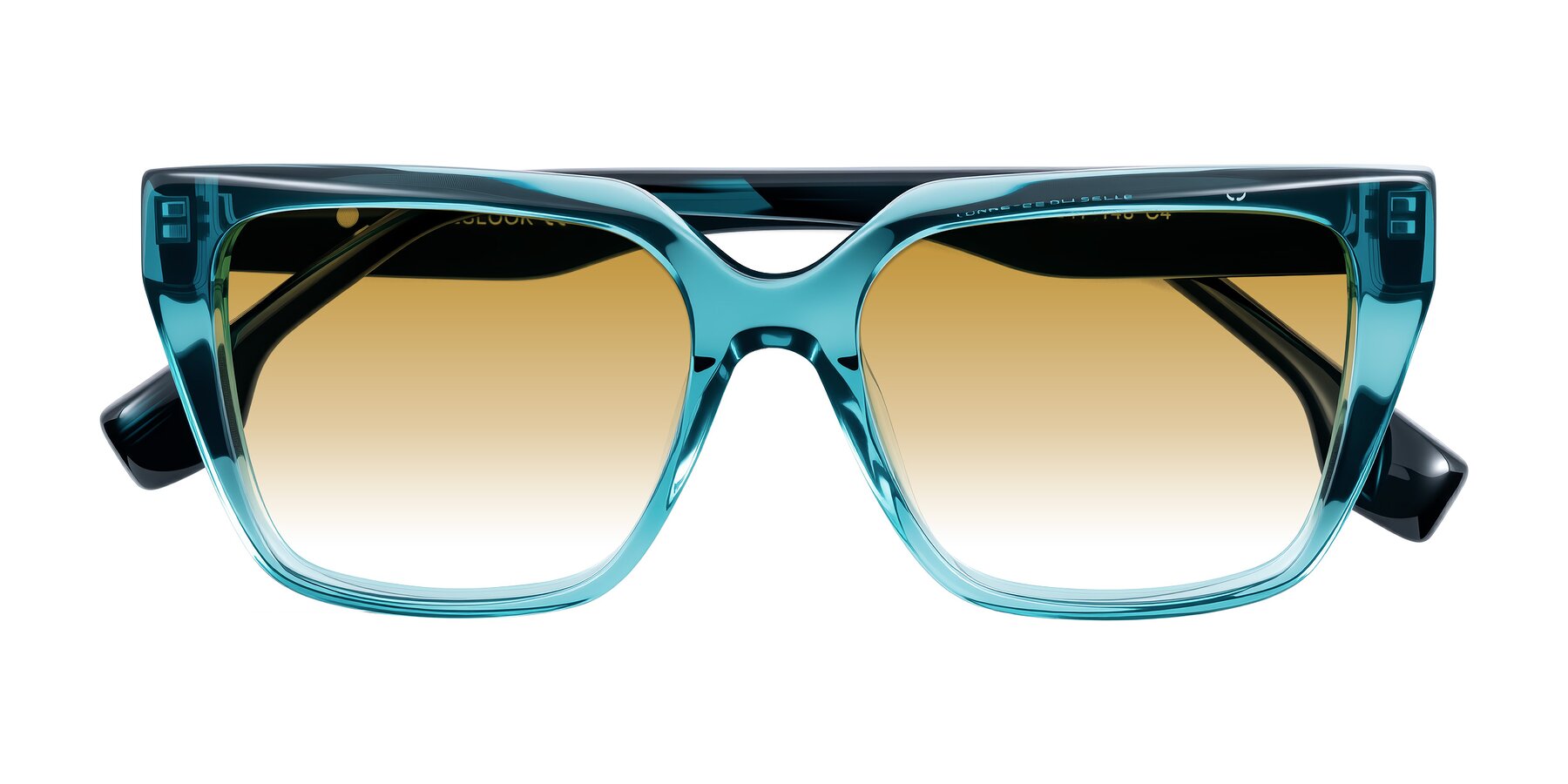 Folded Front of Gwee in Blue/Teal Striped with Champagne Gradient Lenses