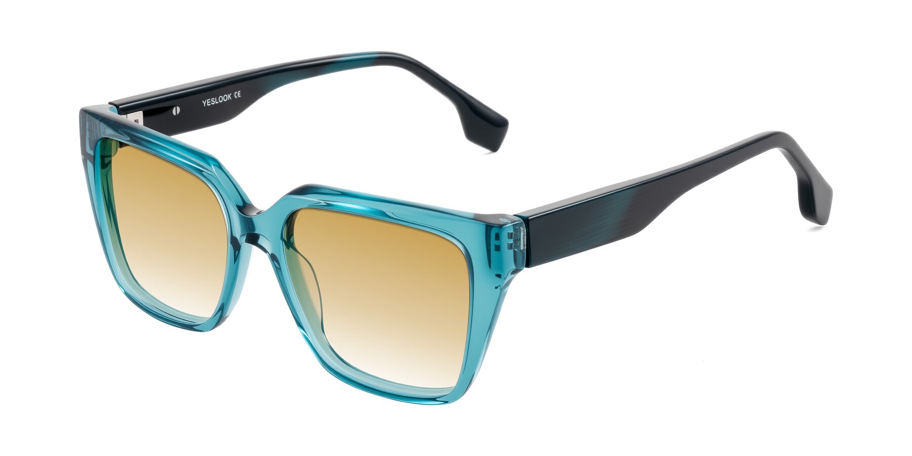 Angle of Gwee in Blue/Teal Striped with Champagne Gradient Lenses