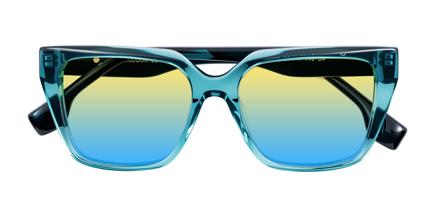 Folded Front of Gwee in Blue/Teal Striped with Yellow / Blue Gradient Lenses