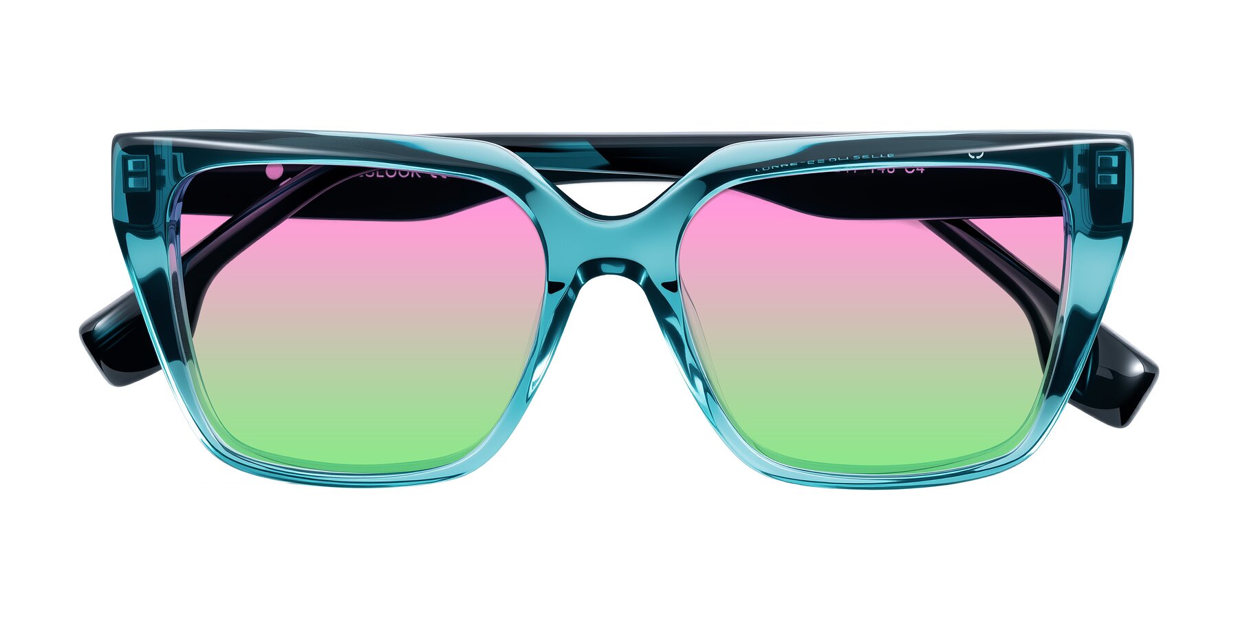 Folded Front of Gwee in Blue/Teal Striped with Pink / Green Gradient Lenses