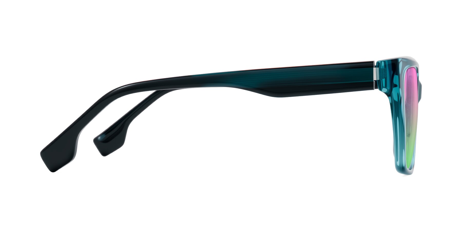 Side of Gwee in Blue/Teal Striped with Pink / Green Gradient Lenses