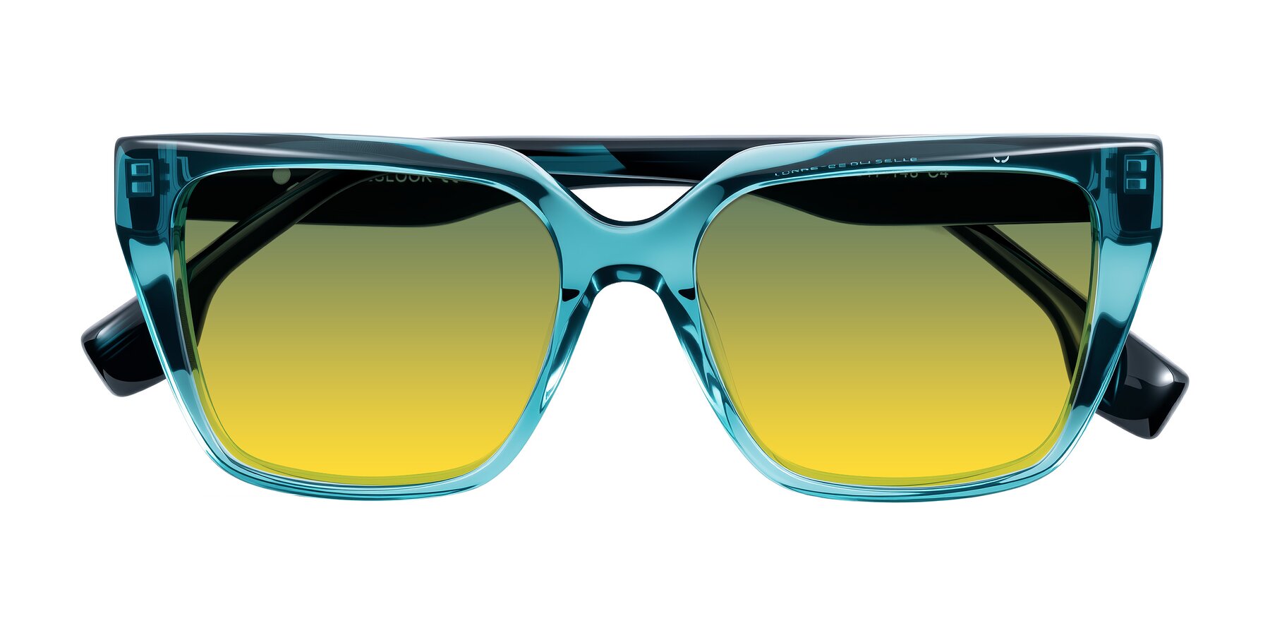 Folded Front of Gwee in Blue/Teal Striped with Green / Yellow Gradient Lenses