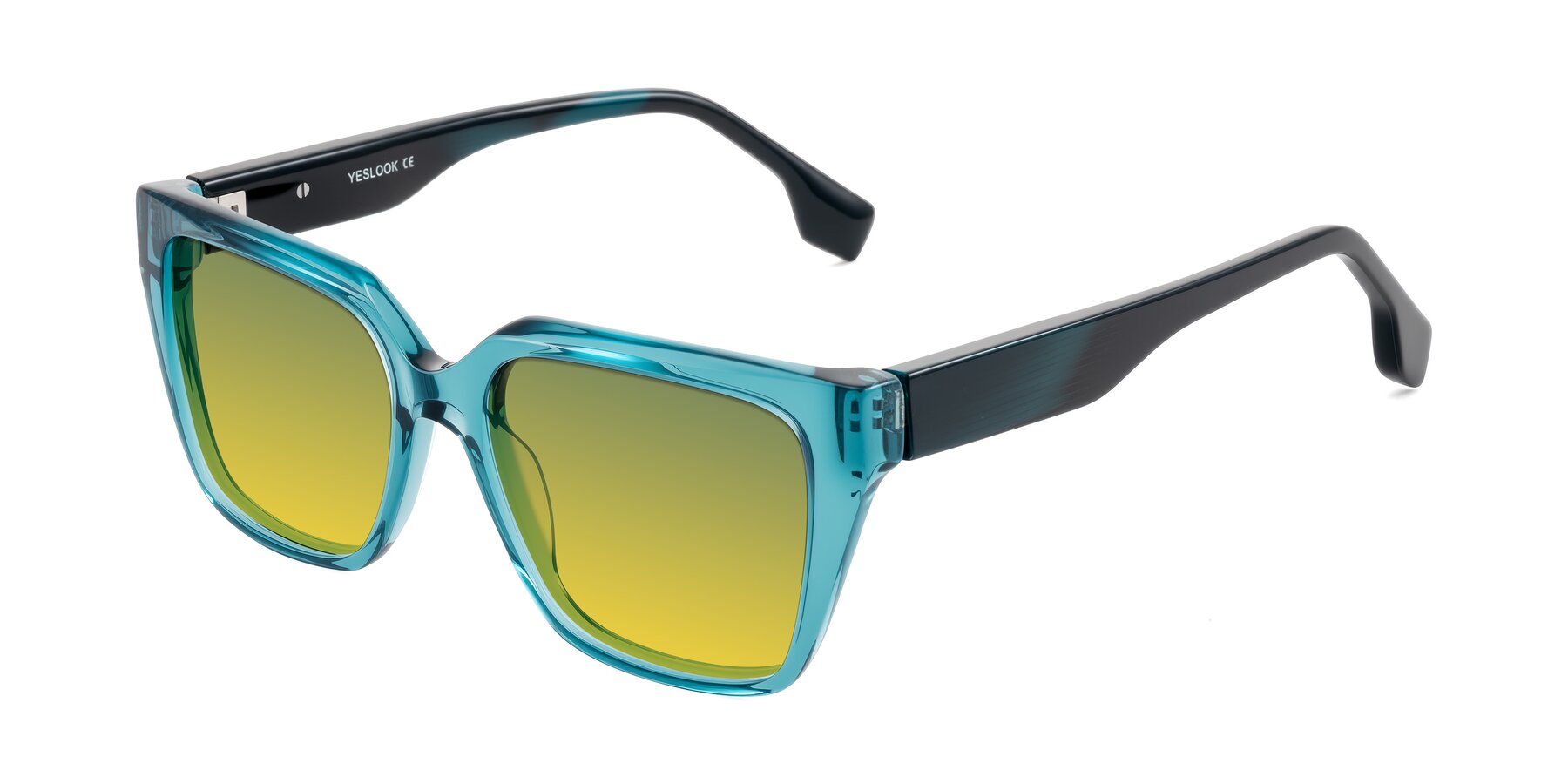 Angle of Gwee in Blue/Teal Striped with Green / Yellow Gradient Lenses