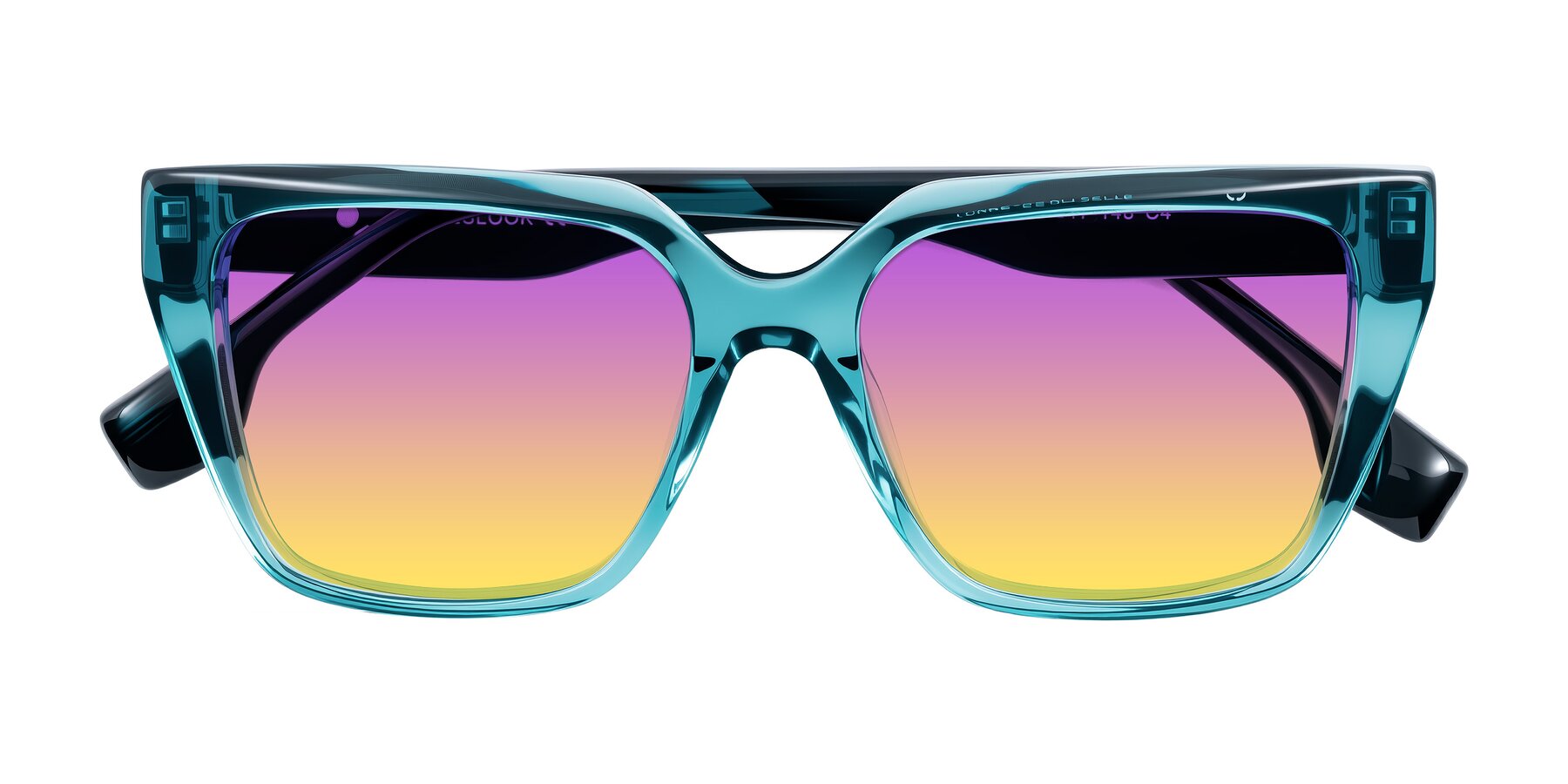 Folded Front of Gwee in Blue/Teal Striped with Purple / Yellow Gradient Lenses