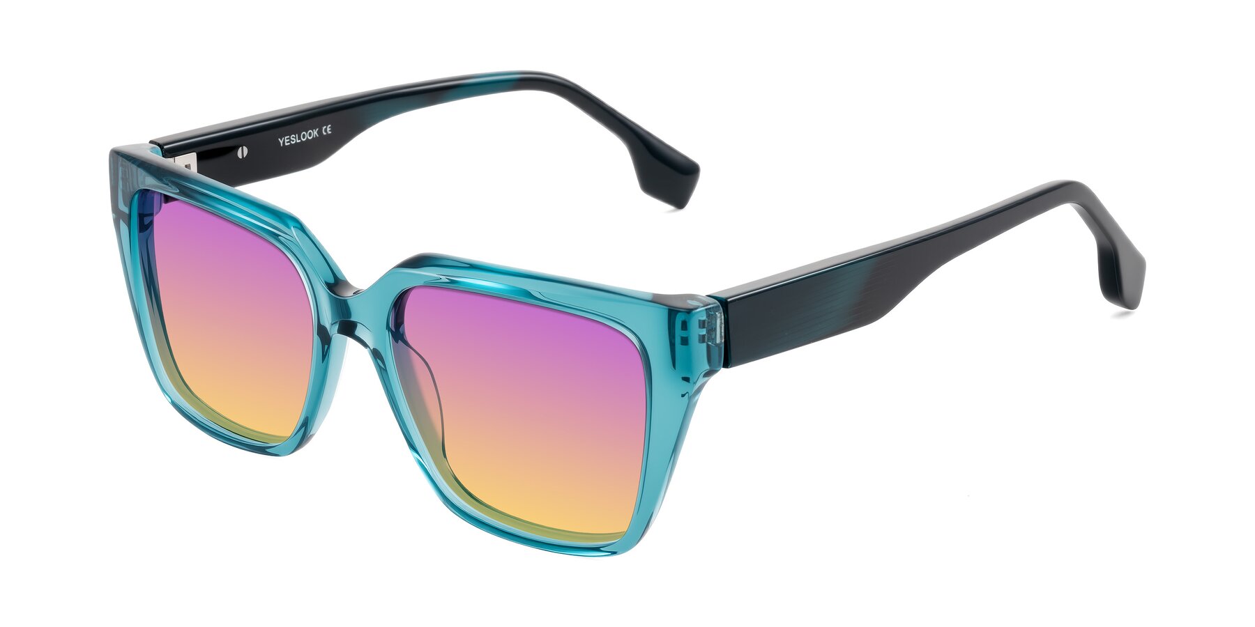 Angle of Gwee in Blue/Teal Striped with Purple / Yellow Gradient Lenses