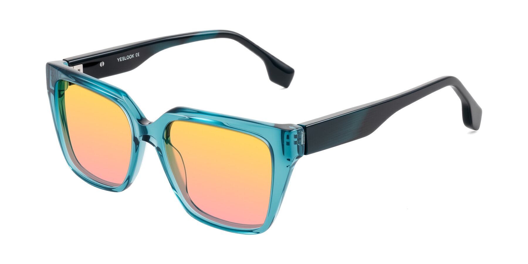 Angle of Gwee in Blue/Teal Striped with Yellow / Pink Gradient Lenses