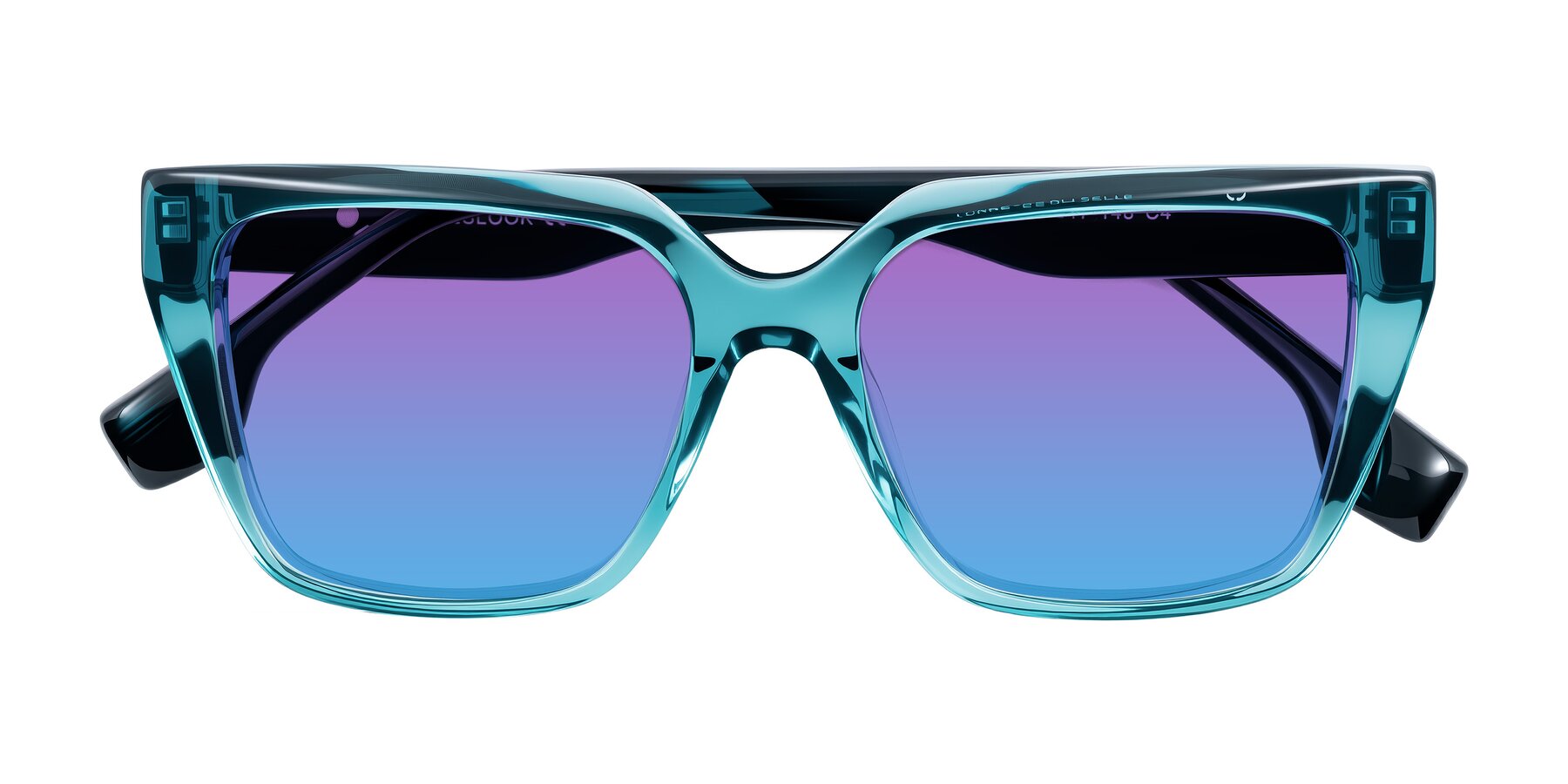 Folded Front of Gwee in Blue/Teal Striped with Purple / Blue Gradient Lenses