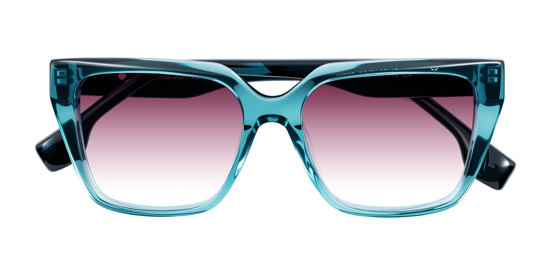 Folded Front of Gwee in Blue/Teal Striped with Wine Gradient Lenses