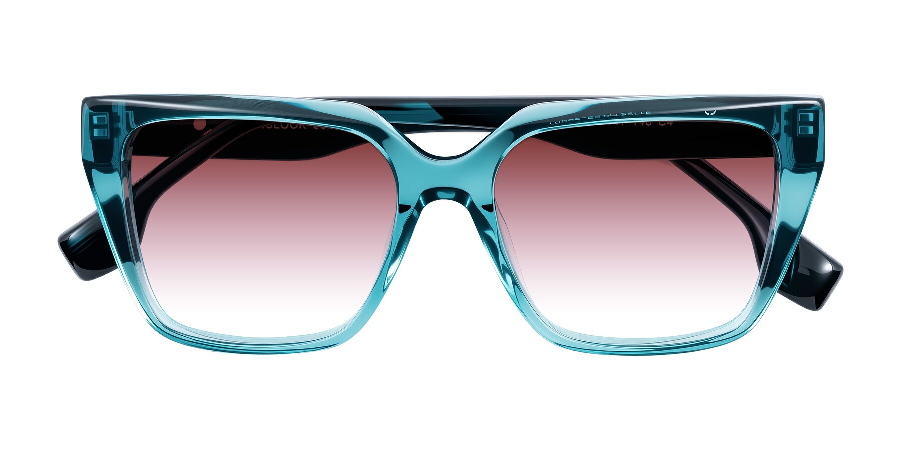 Folded Front of Gwee in Blue/Teal Striped with Garnet Gradient Lenses