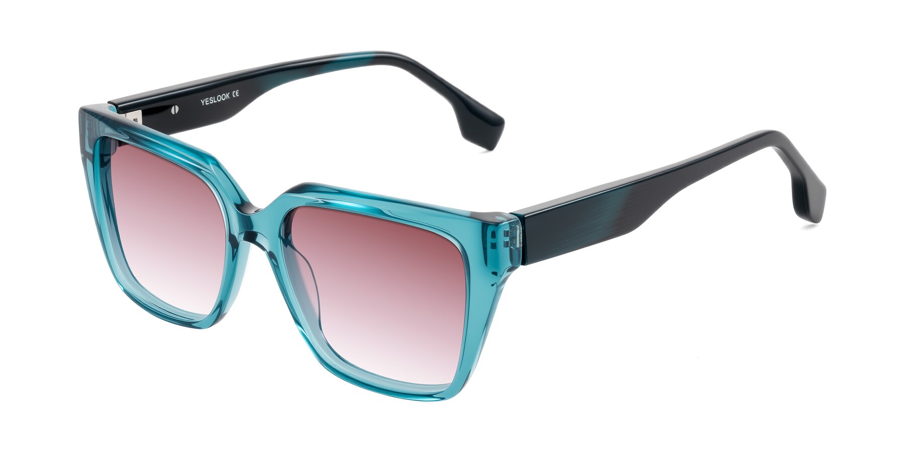 Angle of Gwee in Blue/Teal Striped with Garnet Gradient Lenses