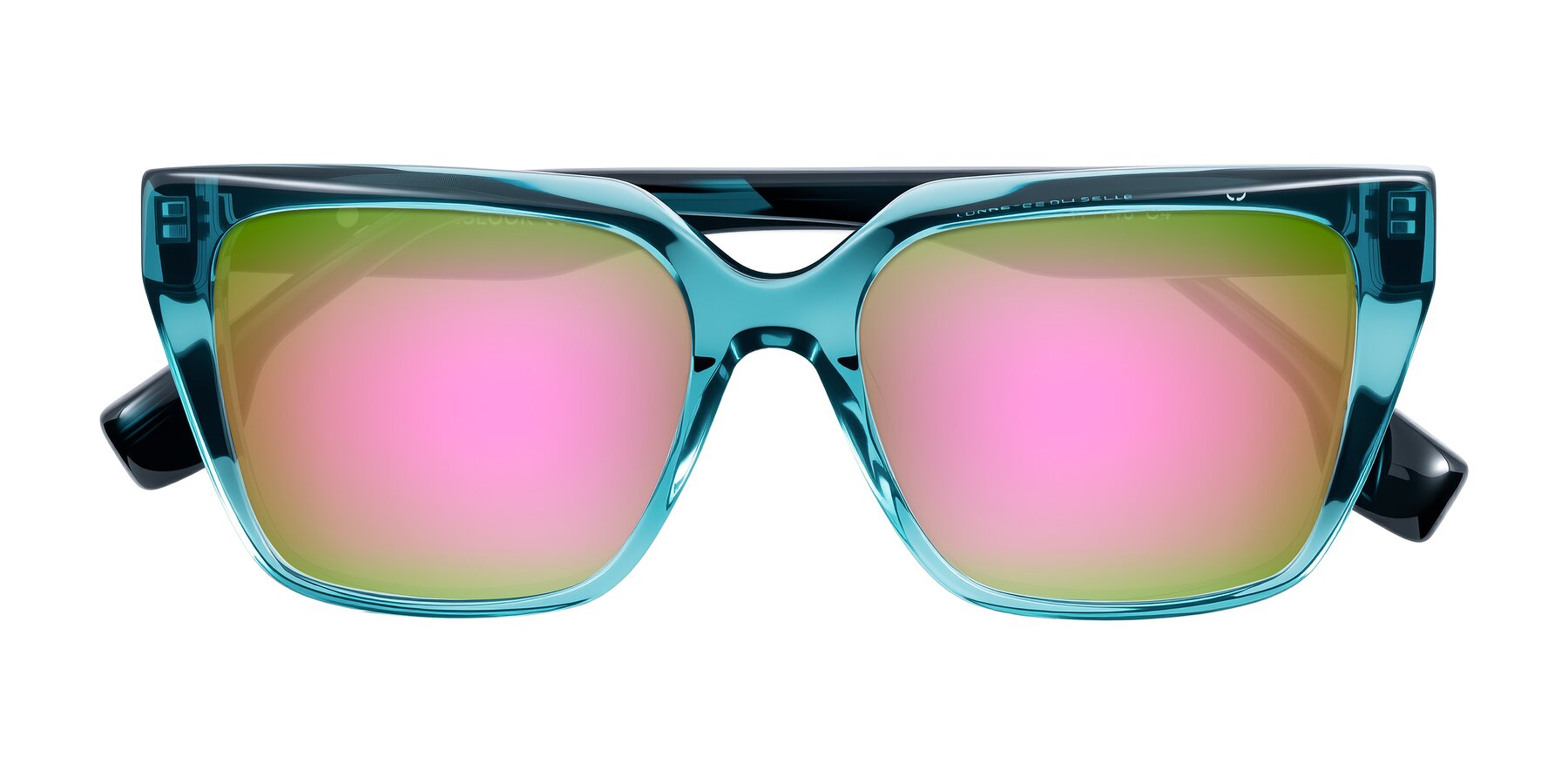 Folded Front of Gwee in Blue/Teal Striped with Pink Mirrored Lenses