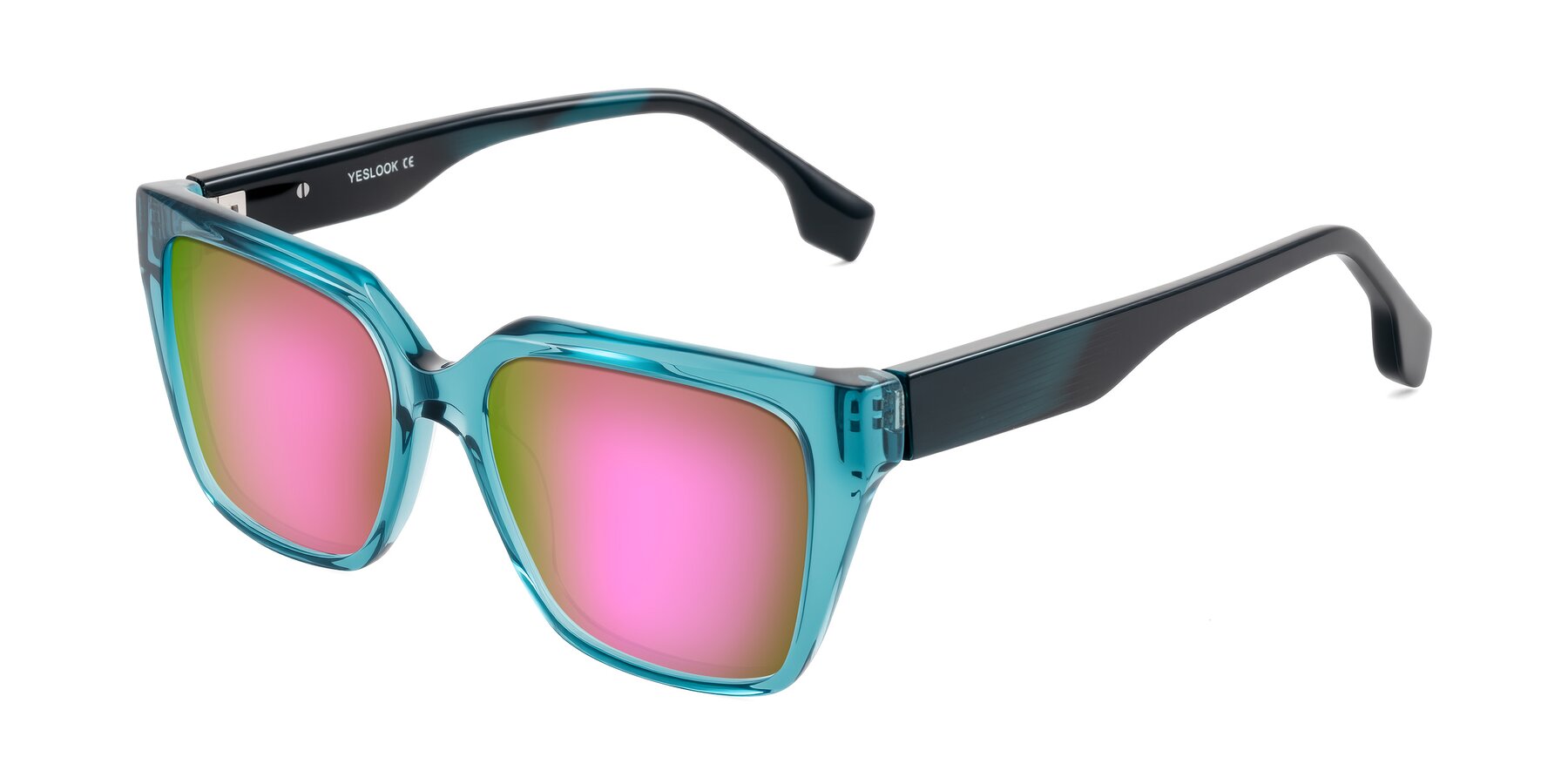 Angle of Gwee in Blue/Teal Striped with Pink Mirrored Lenses