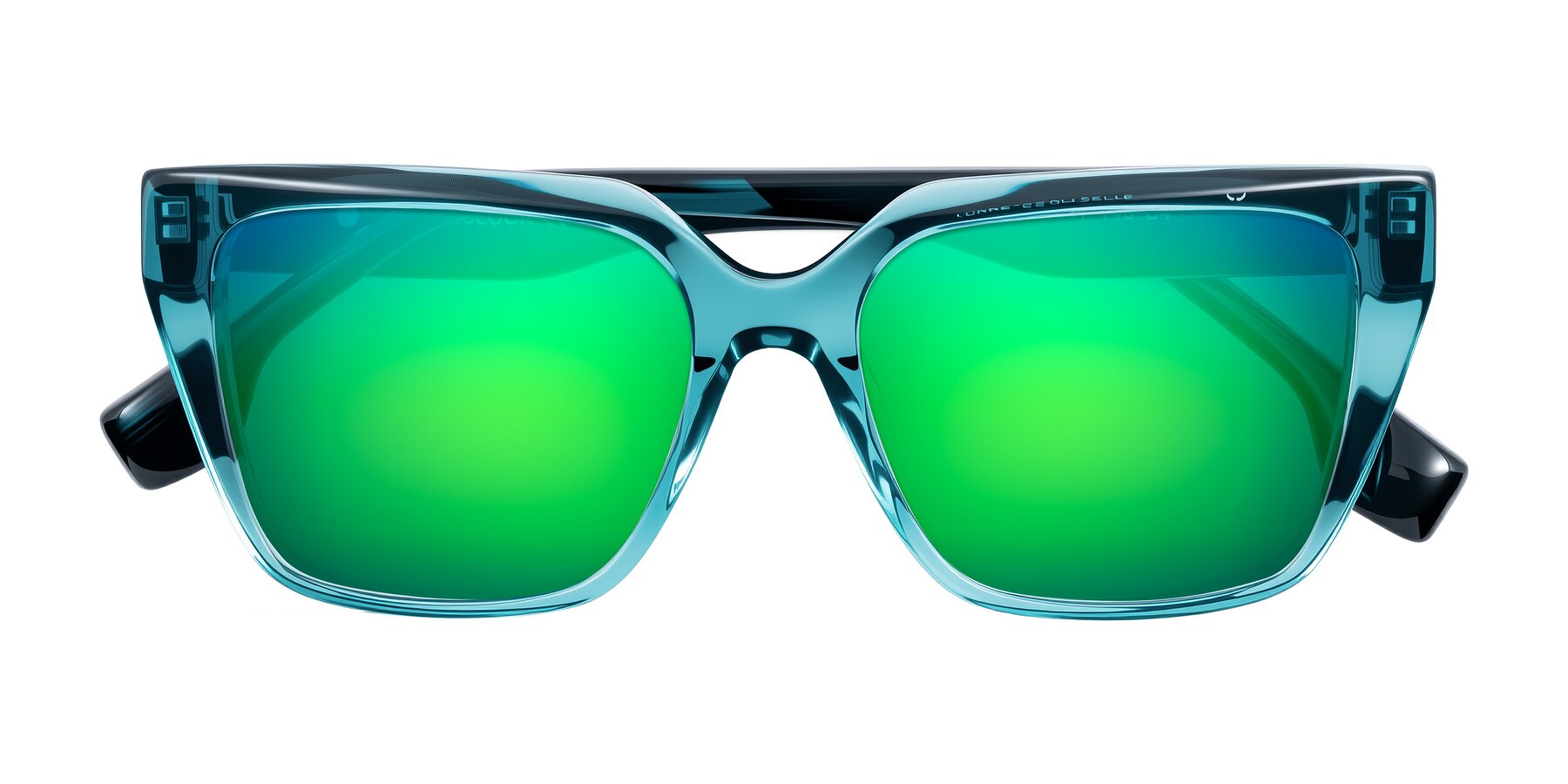 Folded Front of Gwee in Blue/Teal Striped with Green Mirrored Lenses