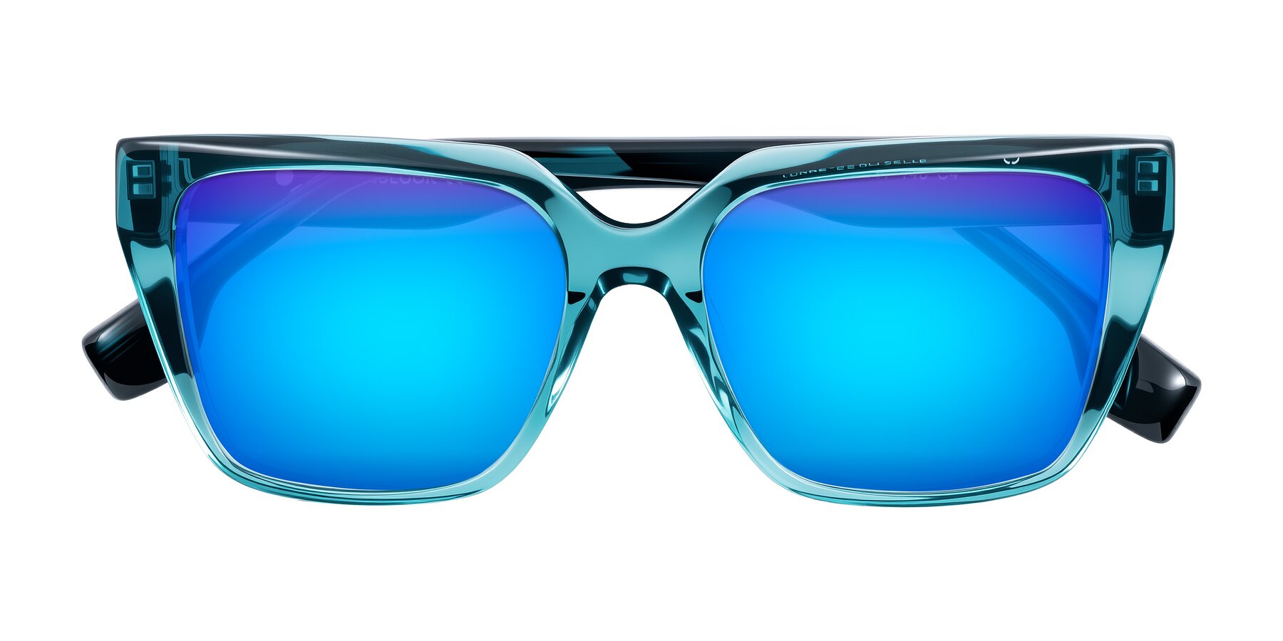 Folded Front of Gwee in Blue/Teal Striped with Blue Mirrored Lenses