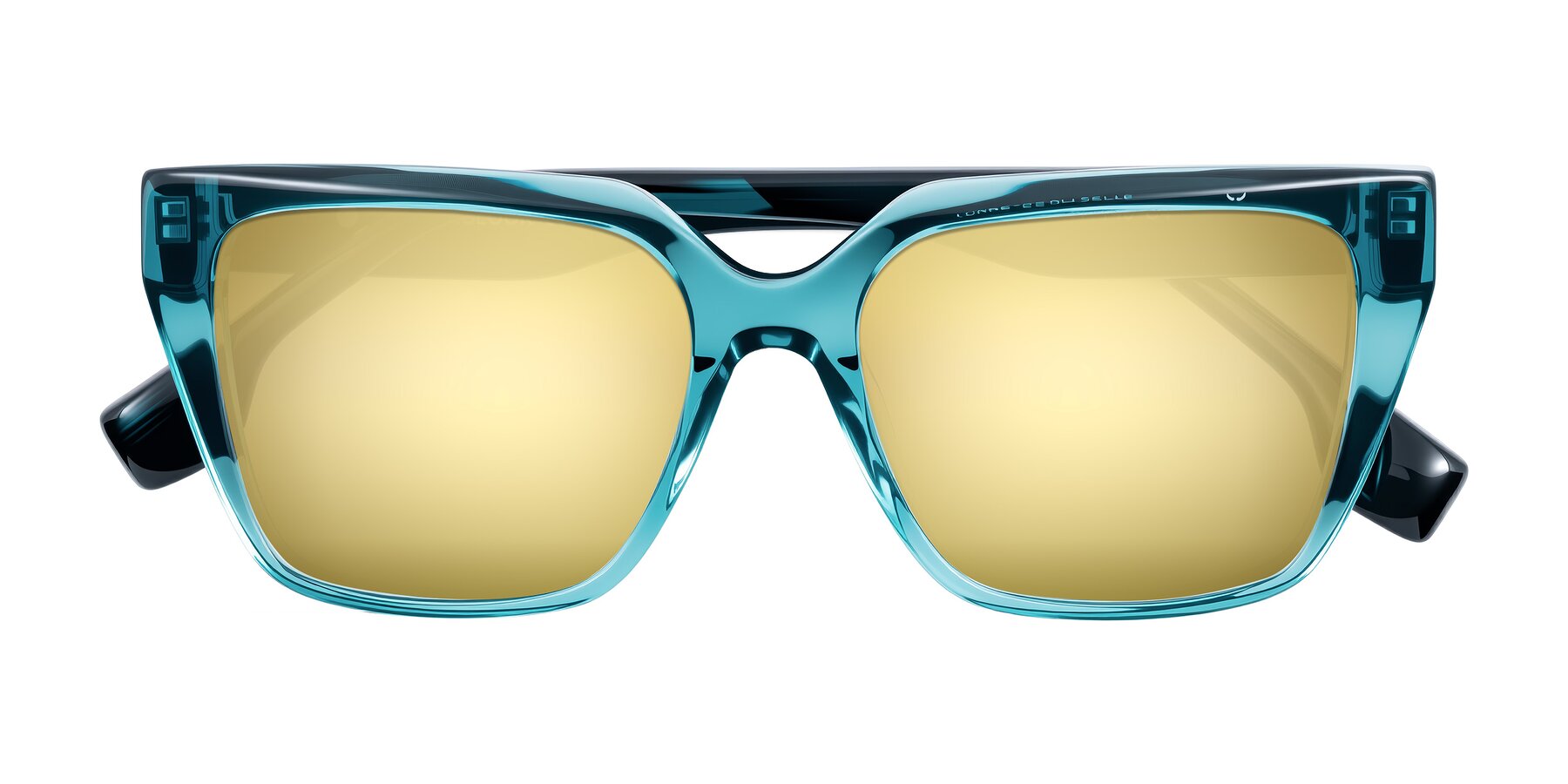 Folded Front of Gwee in Blue/Teal Striped with Gold Mirrored Lenses