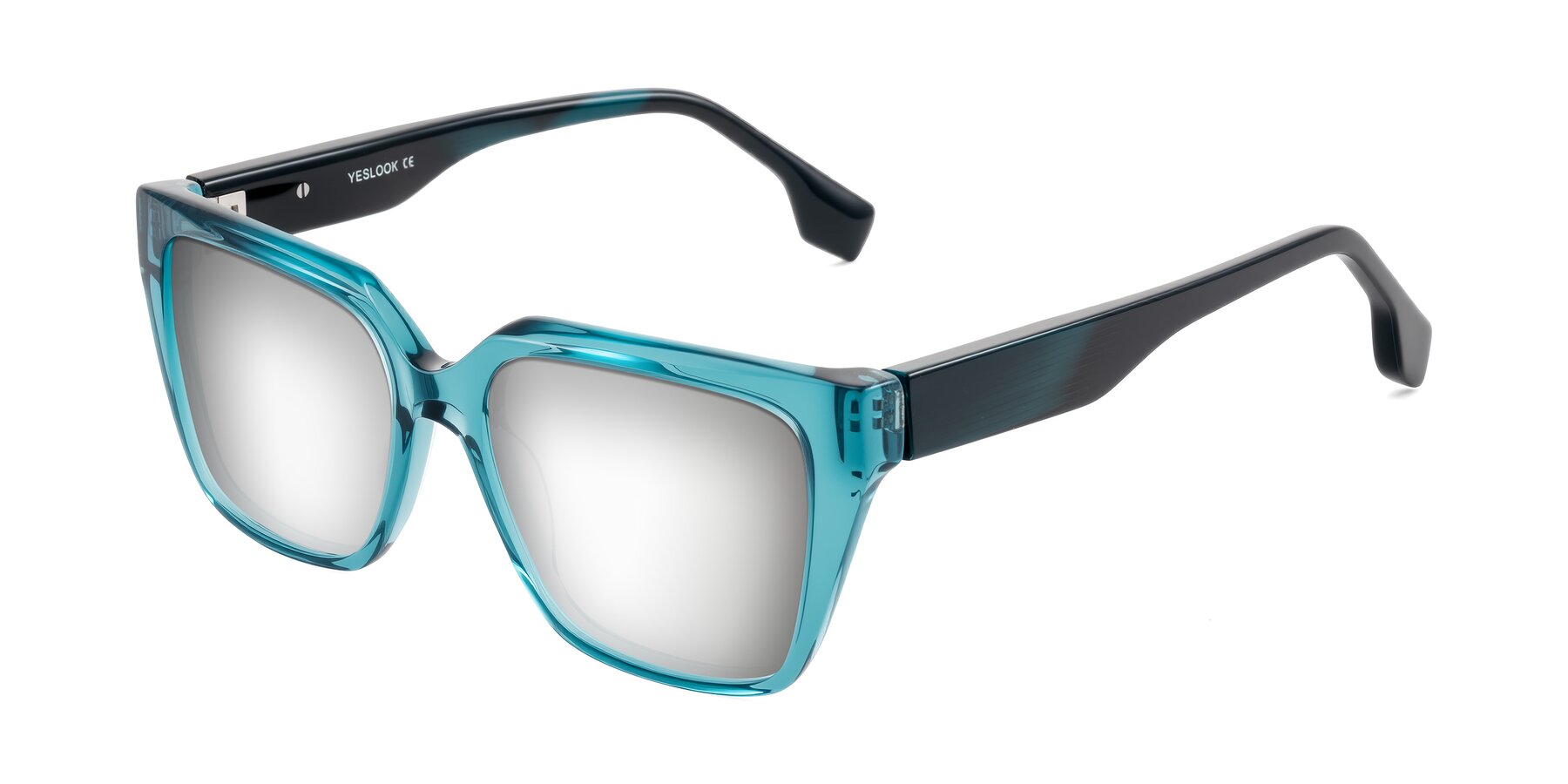 Angle of Gwee in Blue/Teal Striped with Silver Mirrored Lenses
