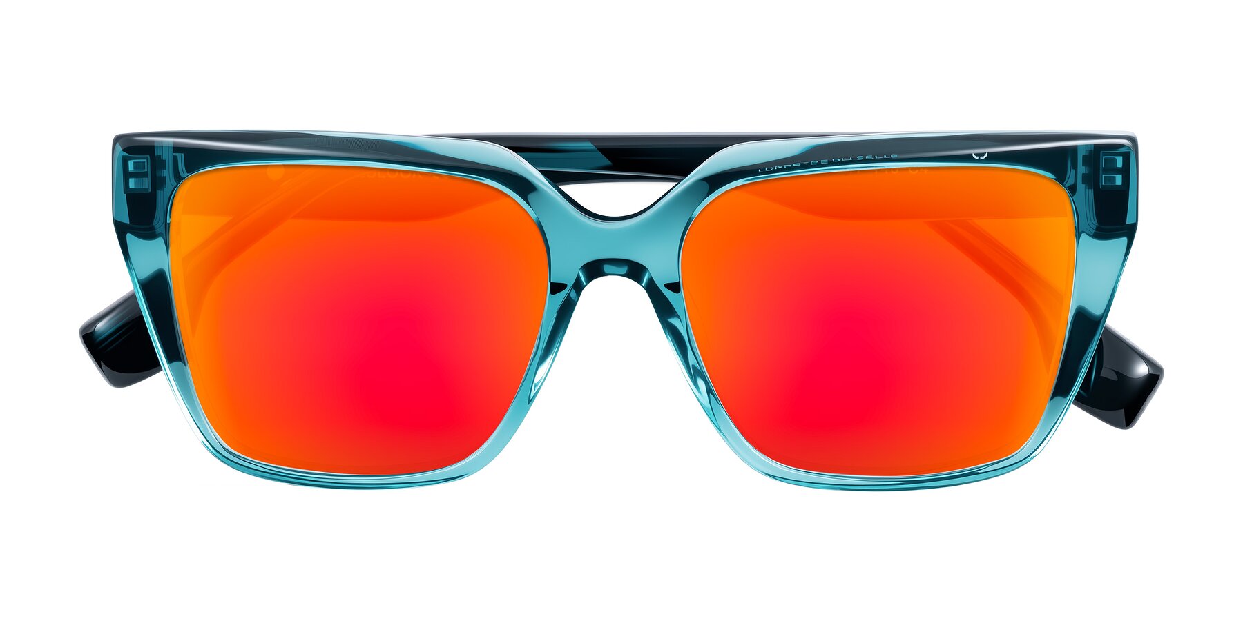 Folded Front of Gwee in Blue/Teal Striped with Red Gold Mirrored Lenses