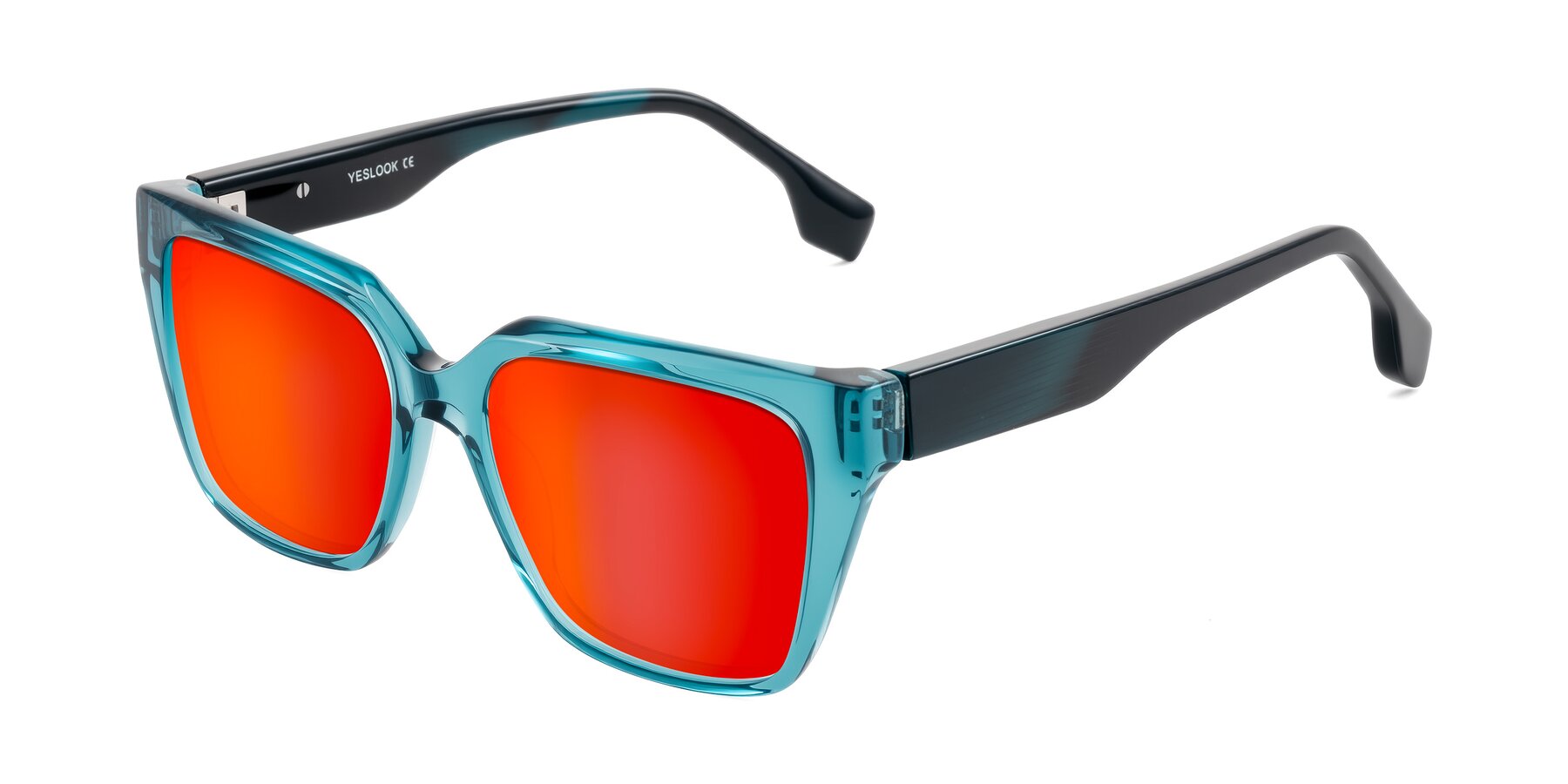 Angle of Gwee in Blue/Teal Striped with Red Gold Mirrored Lenses