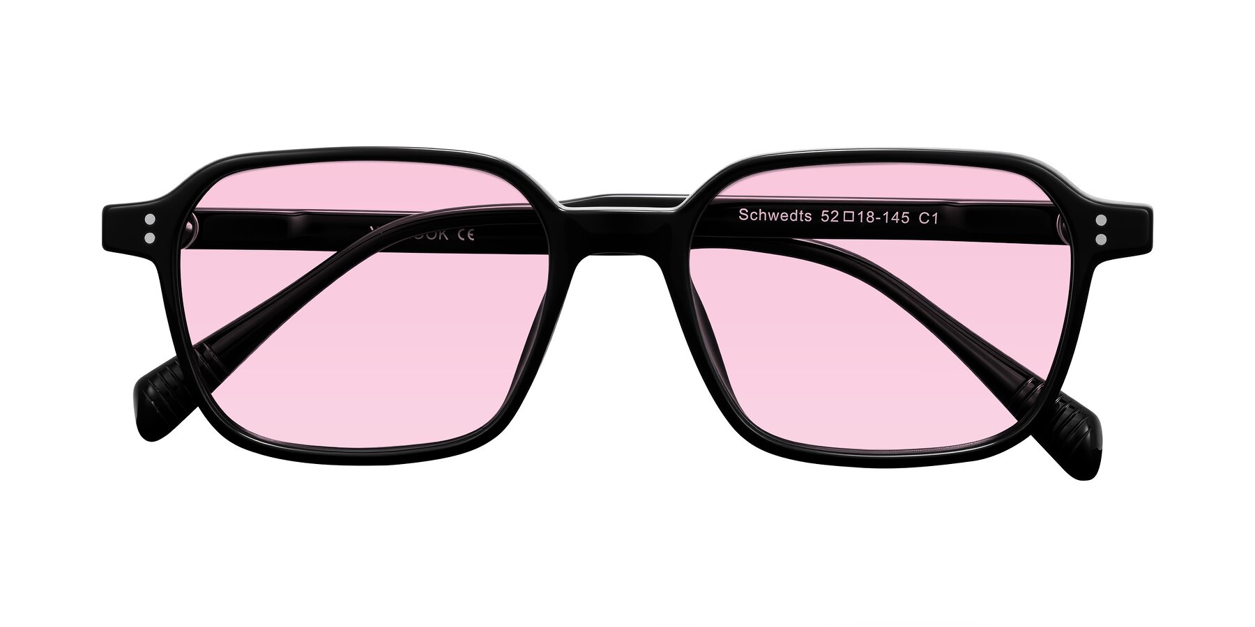 Folded Front of Schwedts in Black with Light Pink Tinted Lenses