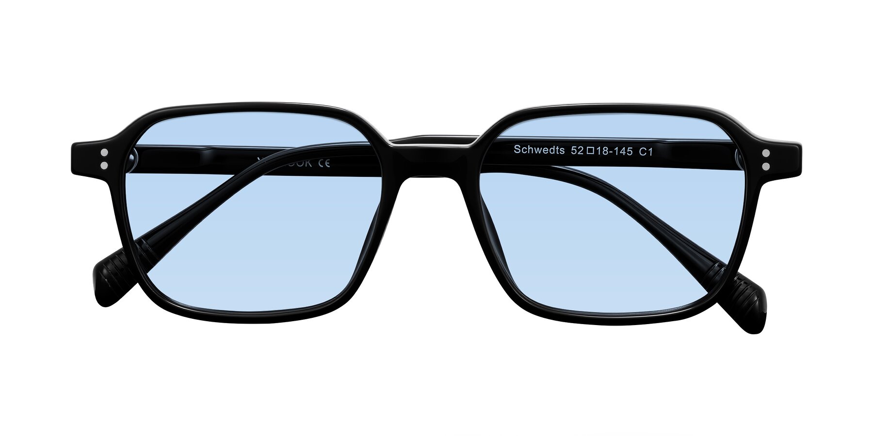 Folded Front of Schwedts in Black with Light Blue Tinted Lenses