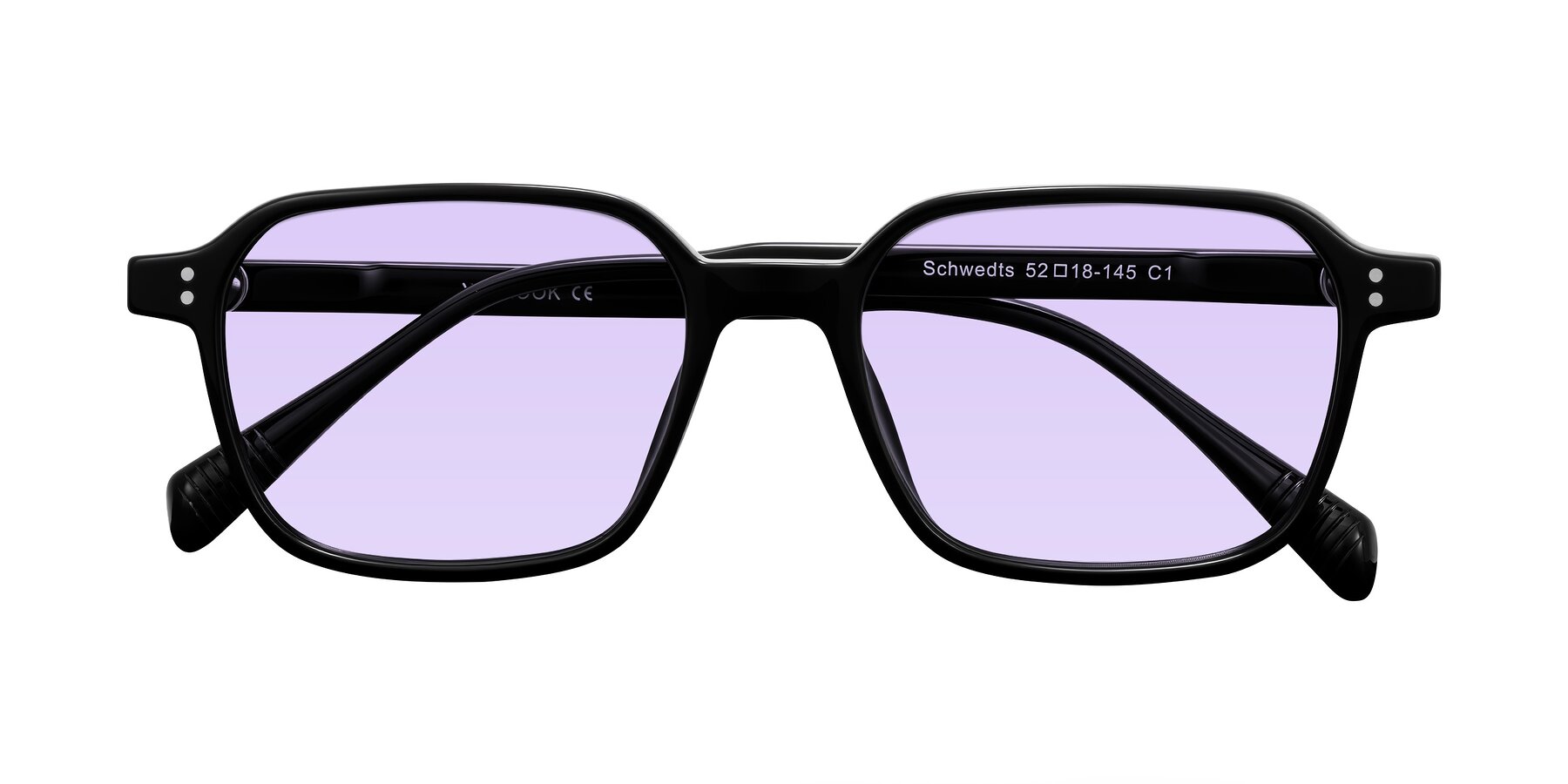 Folded Front of Schwedts in Black with Light Purple Tinted Lenses