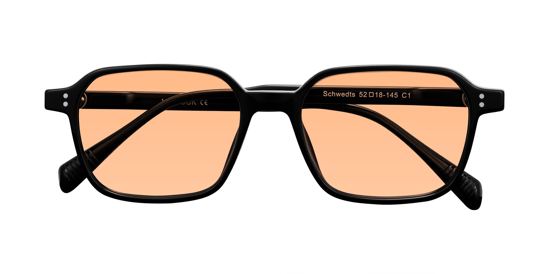 Folded Front of Schwedts in Black with Light Orange Tinted Lenses