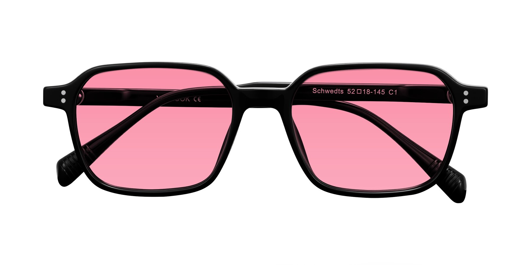 Folded Front of Schwedts in Black with Pink Tinted Lenses