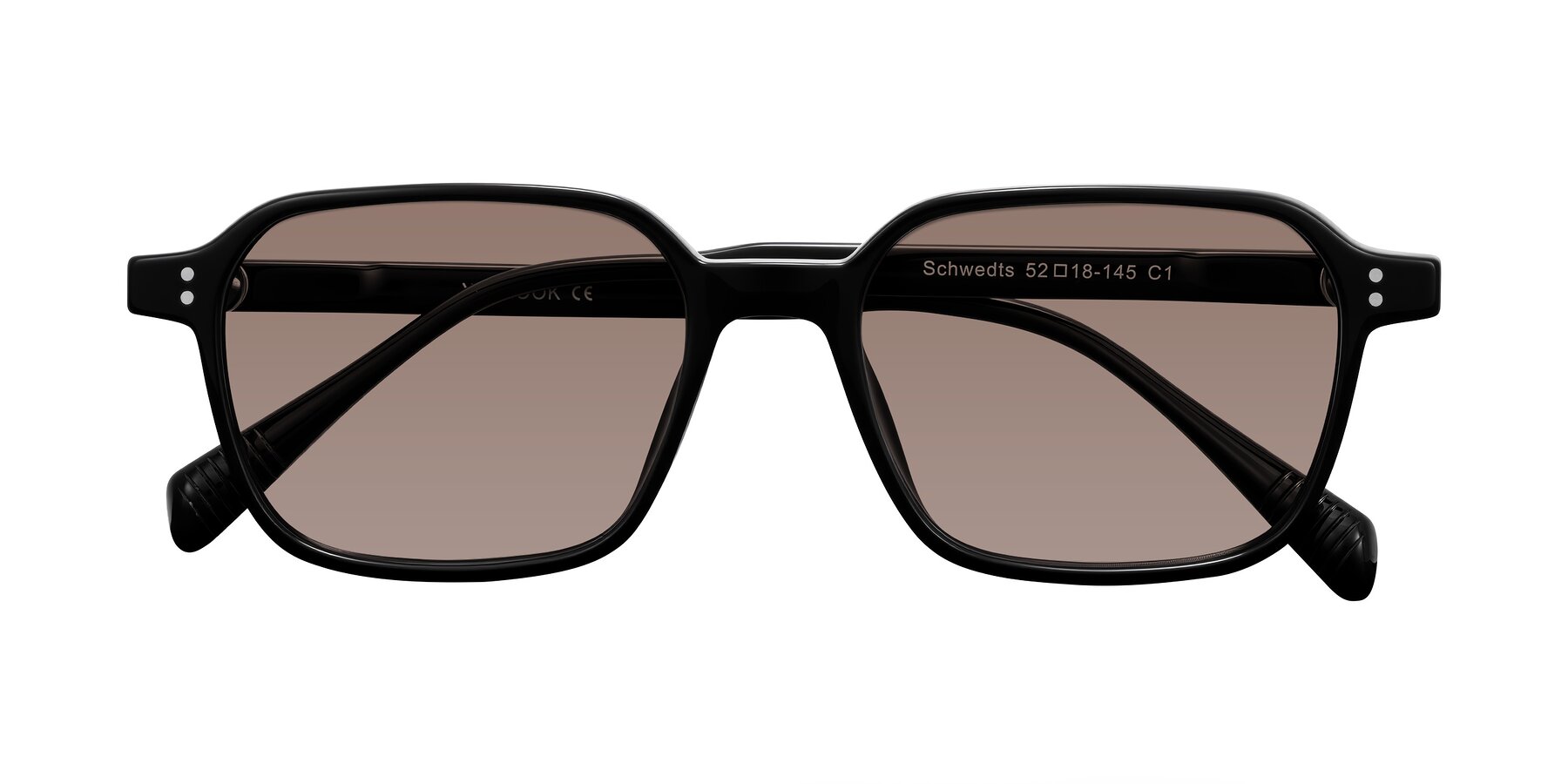 Folded Front of Schwedts in Black with Medium Brown Tinted Lenses