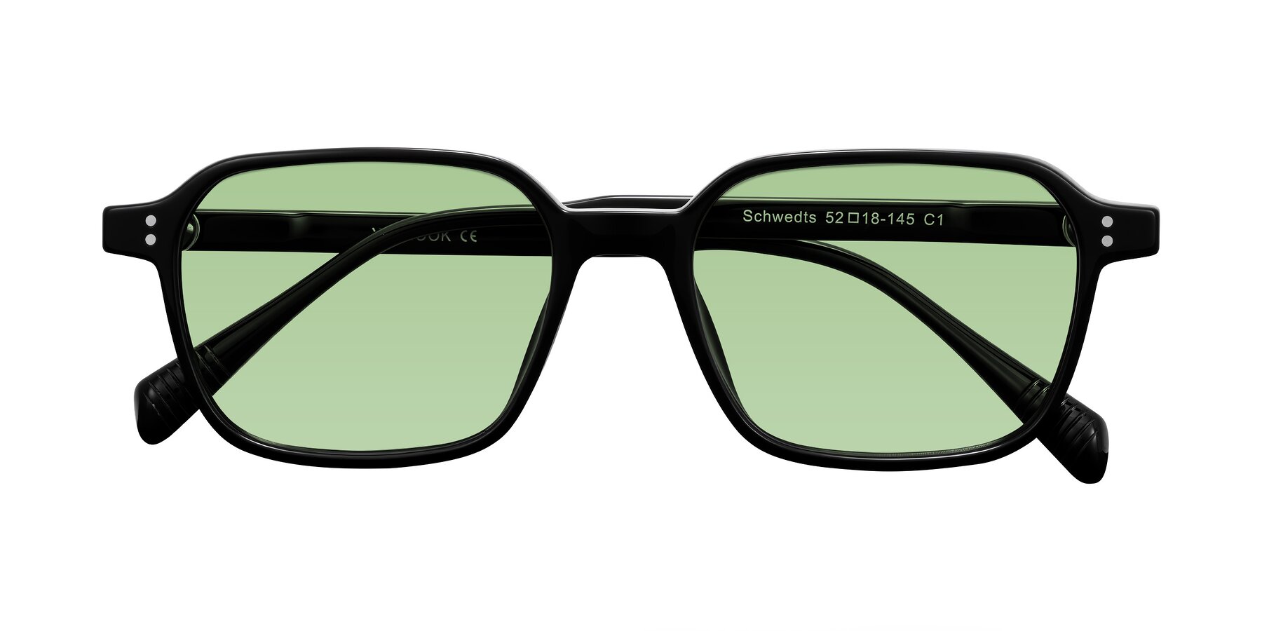 Folded Front of Schwedts in Black with Medium Green Tinted Lenses
