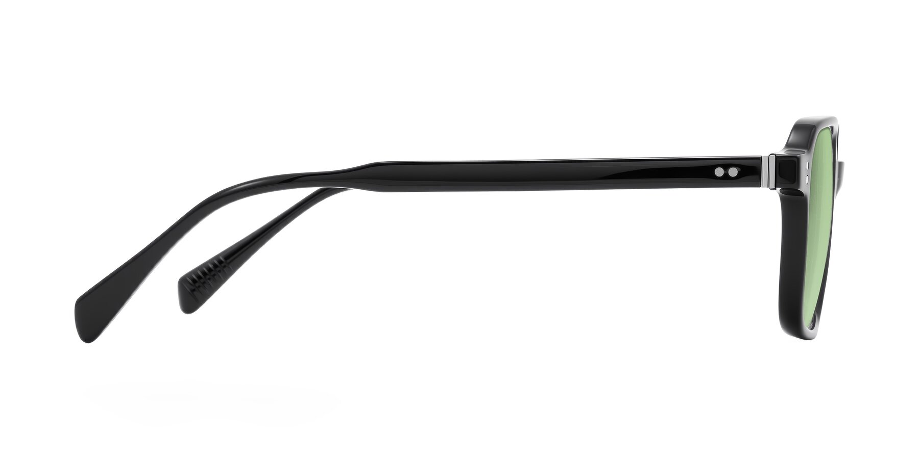 Side of Schwedts in Black with Medium Green Tinted Lenses