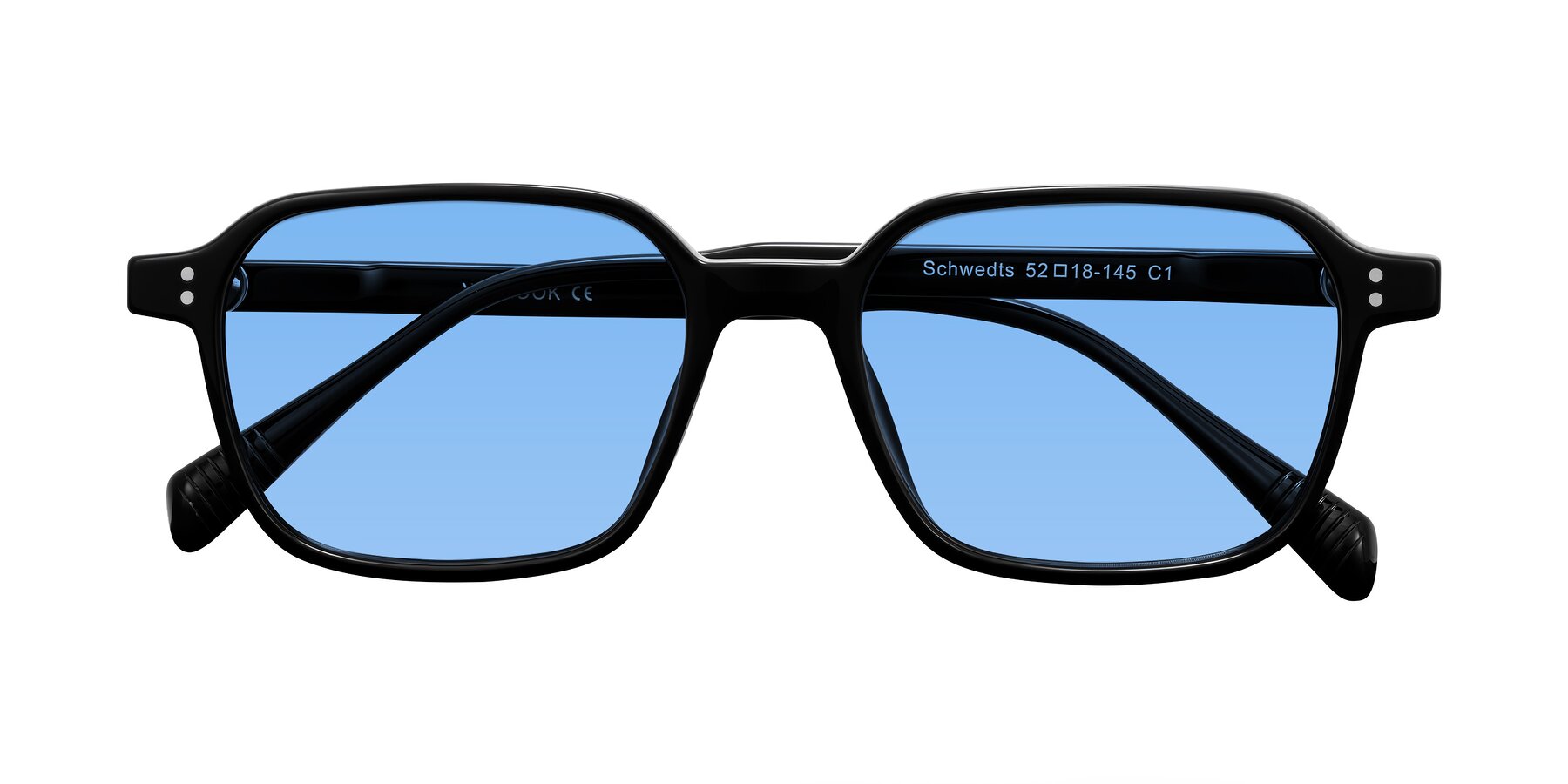 Folded Front of Schwedts in Black with Medium Blue Tinted Lenses