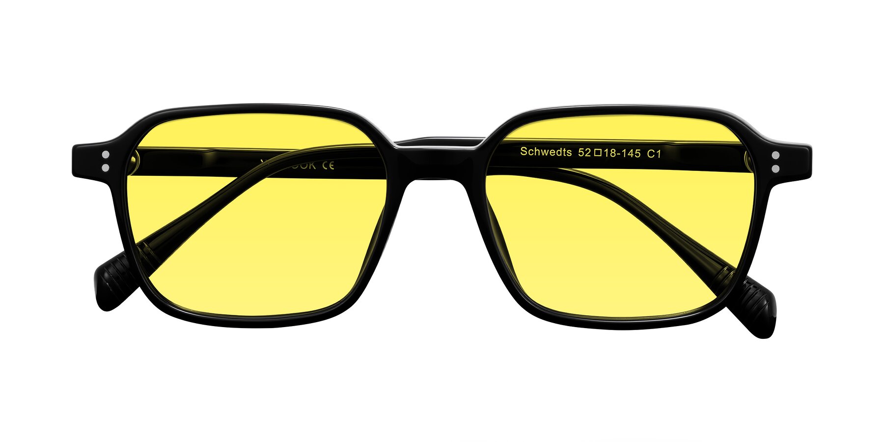 Folded Front of Schwedts in Black with Medium Yellow Tinted Lenses