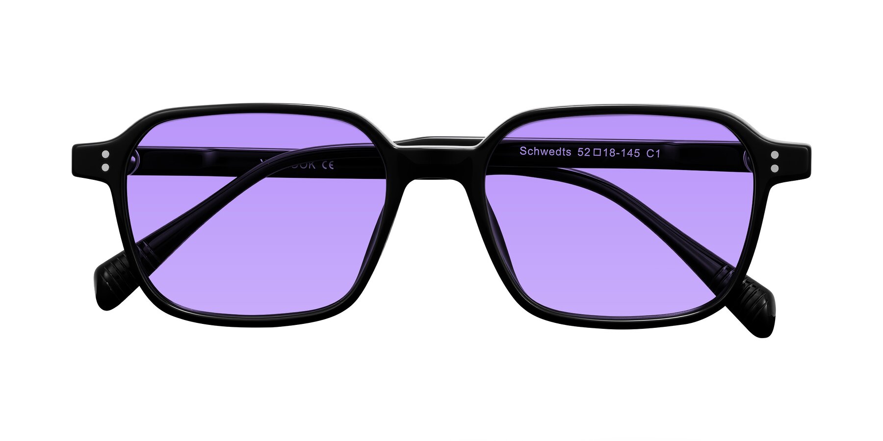 Folded Front of Schwedts in Black with Medium Purple Tinted Lenses