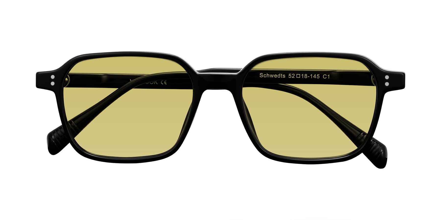 Folded Front of Schwedts in Black with Medium Champagne Tinted Lenses