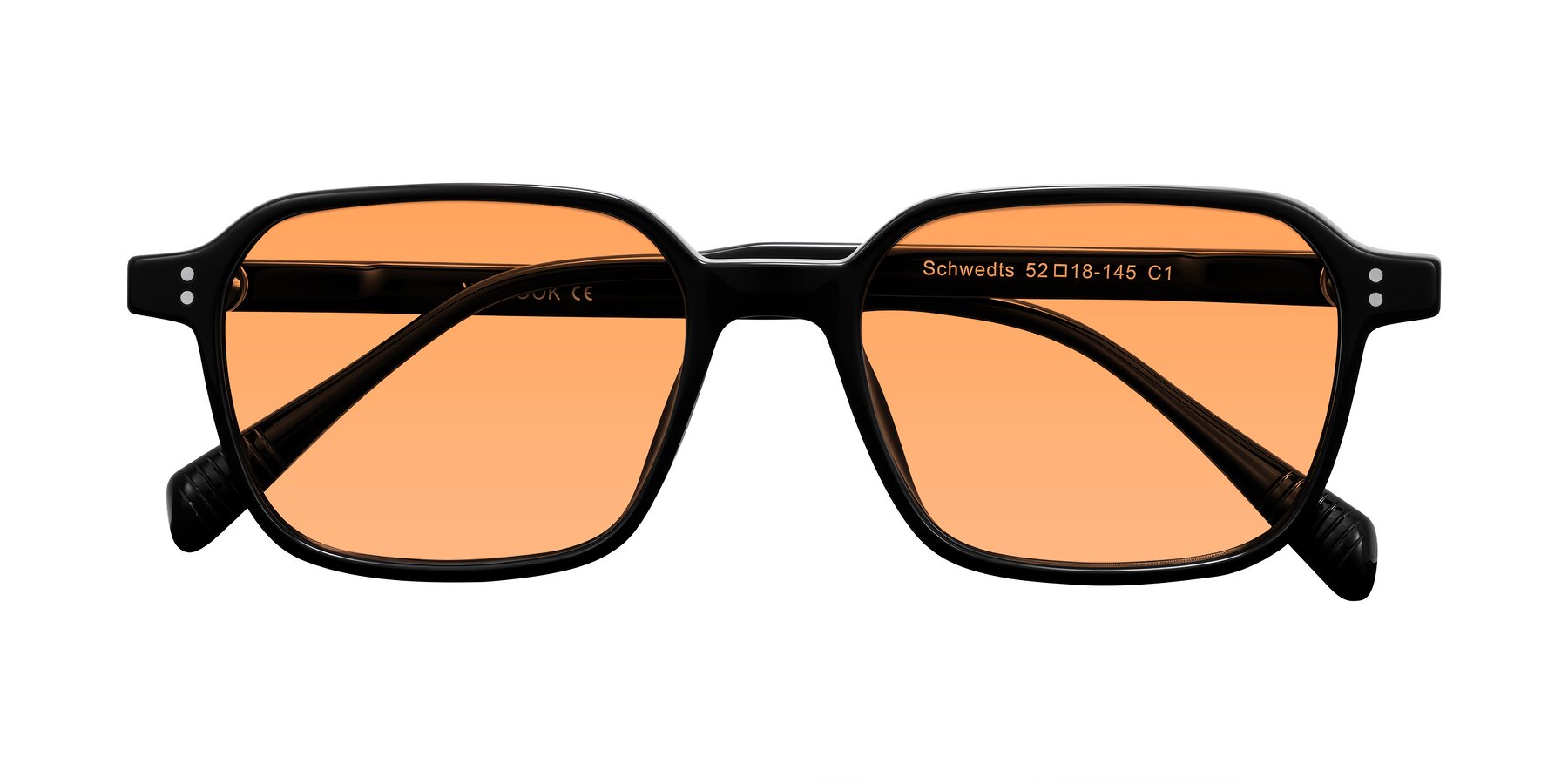 Folded Front of Schwedts in Black with Medium Orange Tinted Lenses