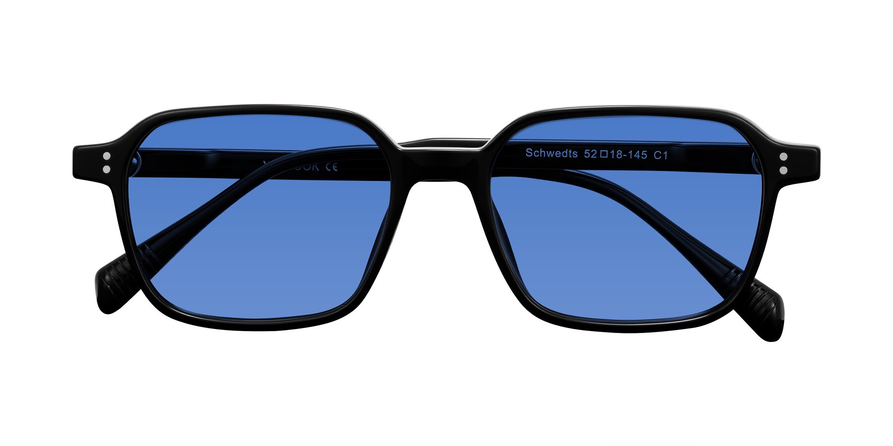 Folded Front of Schwedts in Black with Blue Tinted Lenses