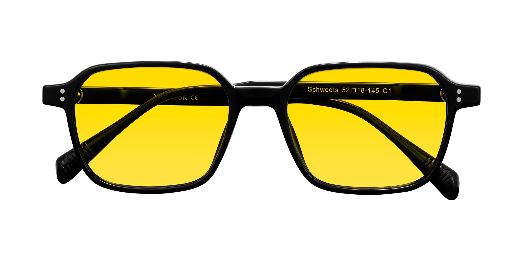 Folded Front of Schwedts in Black with Yellow Tinted Lenses