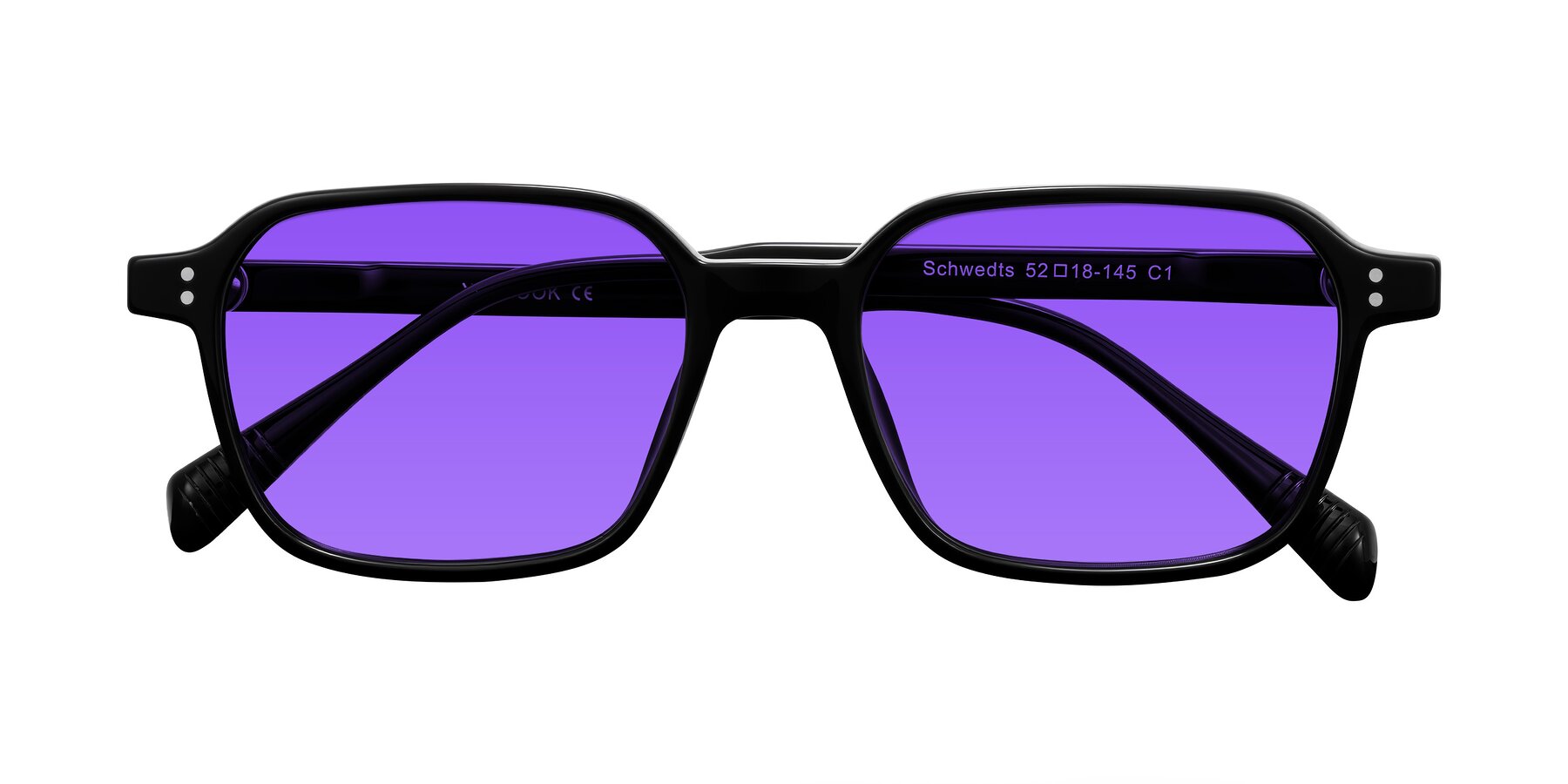 Folded Front of Schwedts in Black with Purple Tinted Lenses