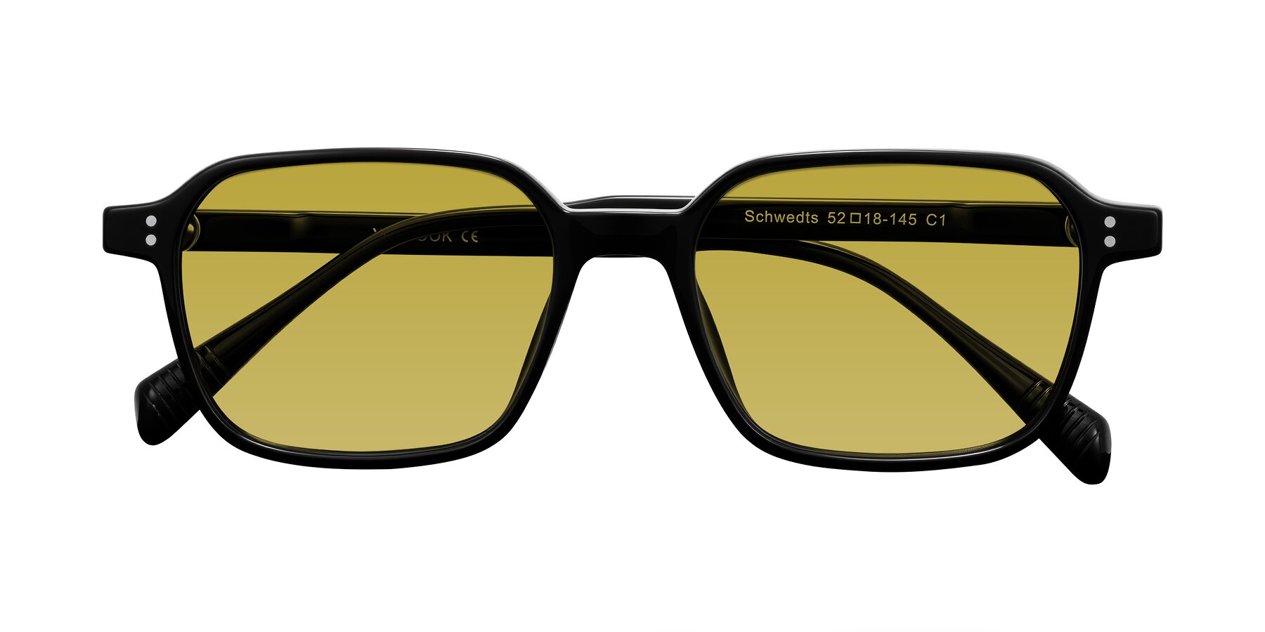 Folded Front of Schwedts in Black with Champagne Tinted Lenses