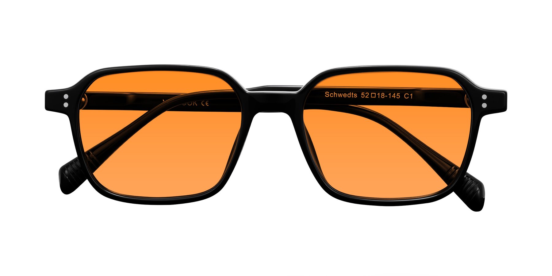 Folded Front of Schwedts in Black with Orange Tinted Lenses