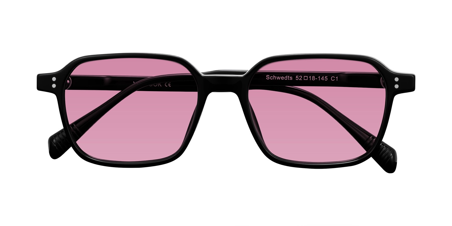 Folded Front of Schwedts in Black with Medium Wine Tinted Lenses