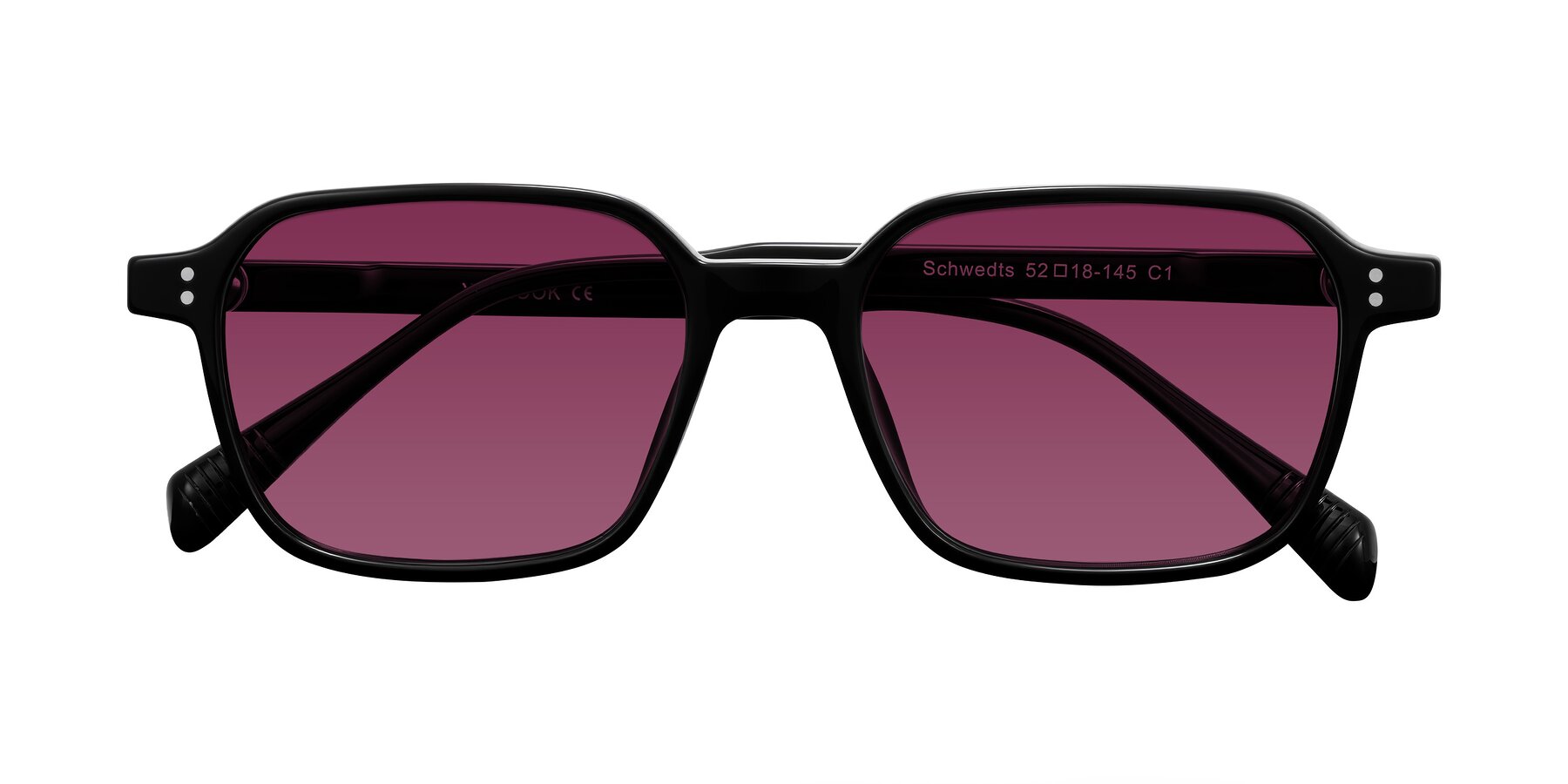 Folded Front of Schwedts in Black with Wine Tinted Lenses