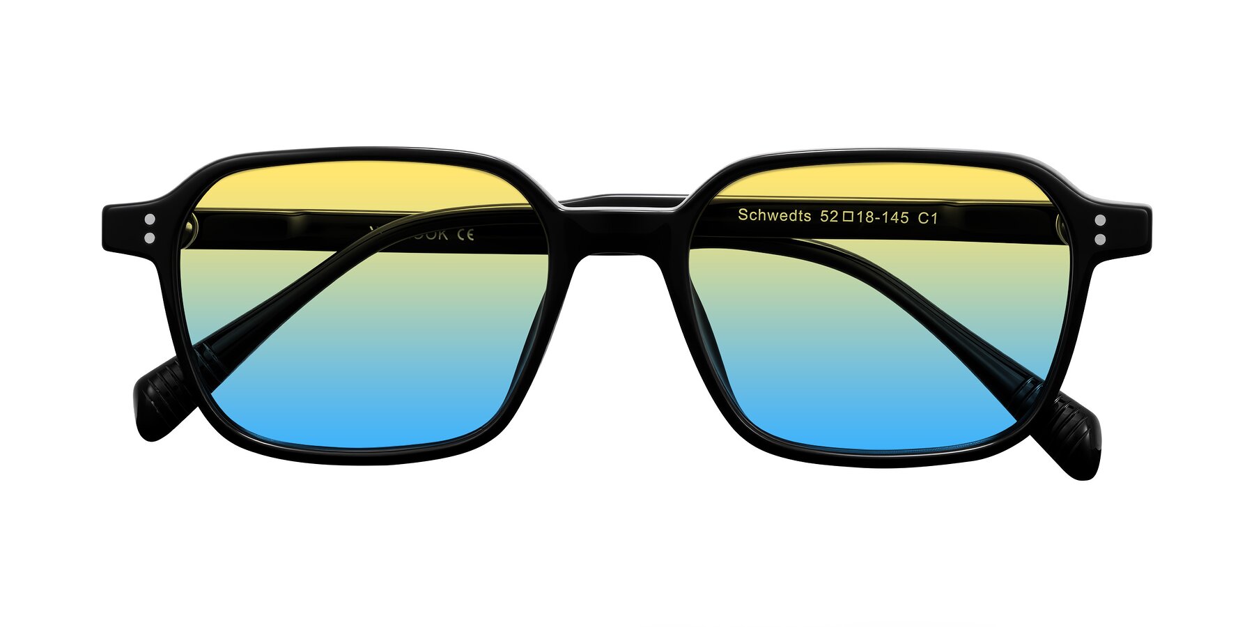 Folded Front of Schwedts in Black with Yellow / Blue Gradient Lenses