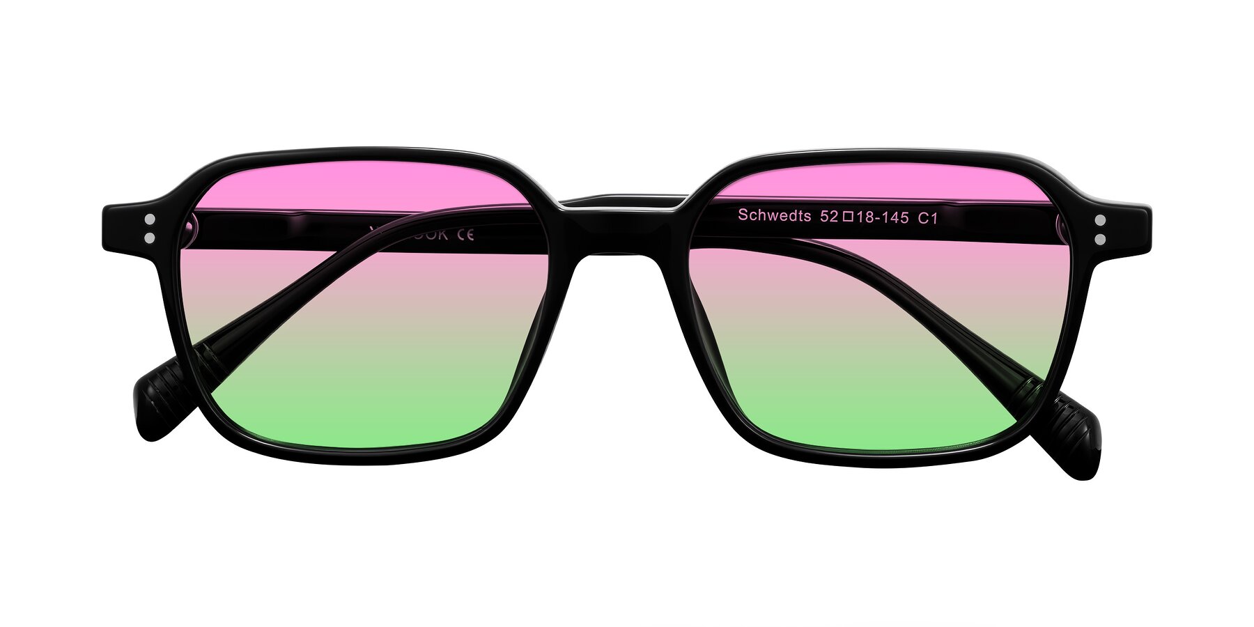 Folded Front of Schwedts in Black with Pink / Green Gradient Lenses