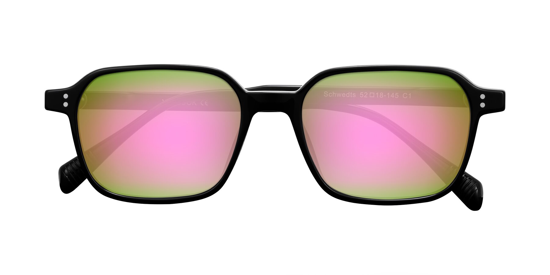 Folded Front of Schwedts in Black with Pink Mirrored Lenses