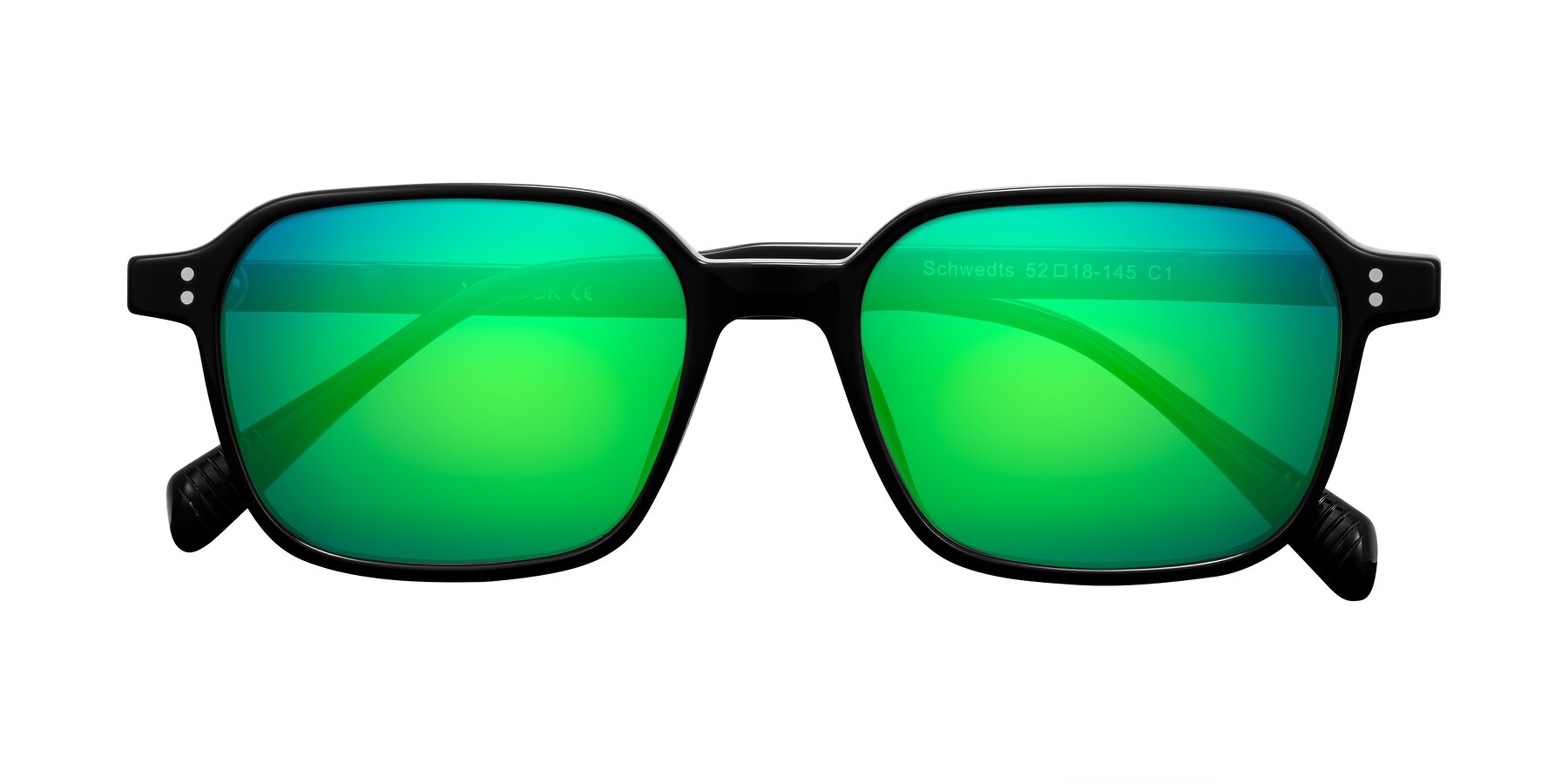 Folded Front of Schwedts in Black with Green Mirrored Lenses