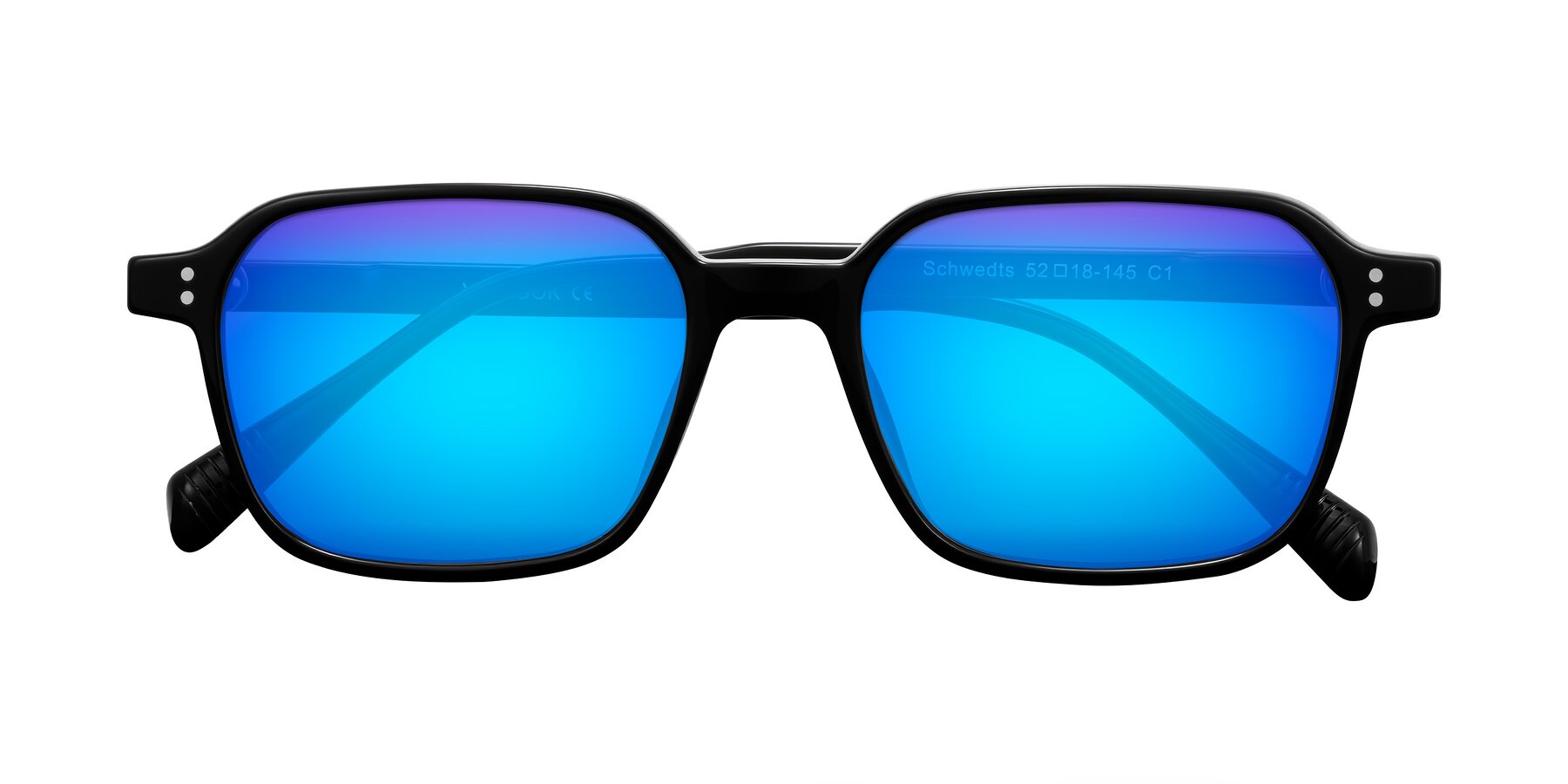 Folded Front of Schwedts in Black with Blue Mirrored Lenses