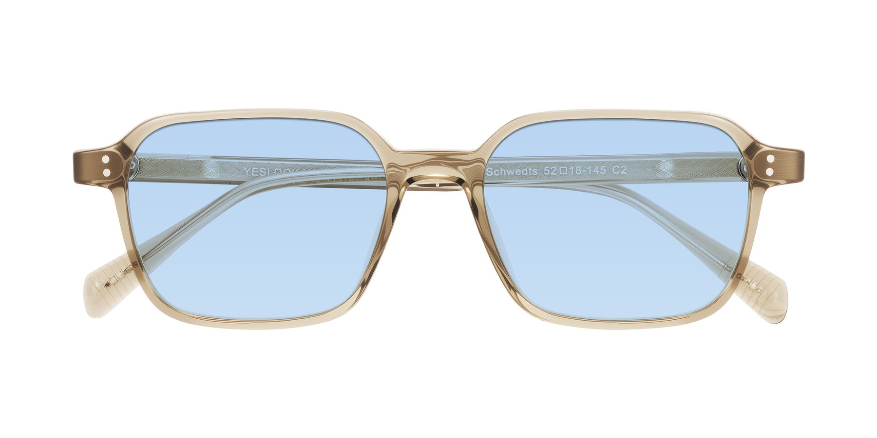 Folded Front of Schwedts in Champagne with Light Blue Tinted Lenses